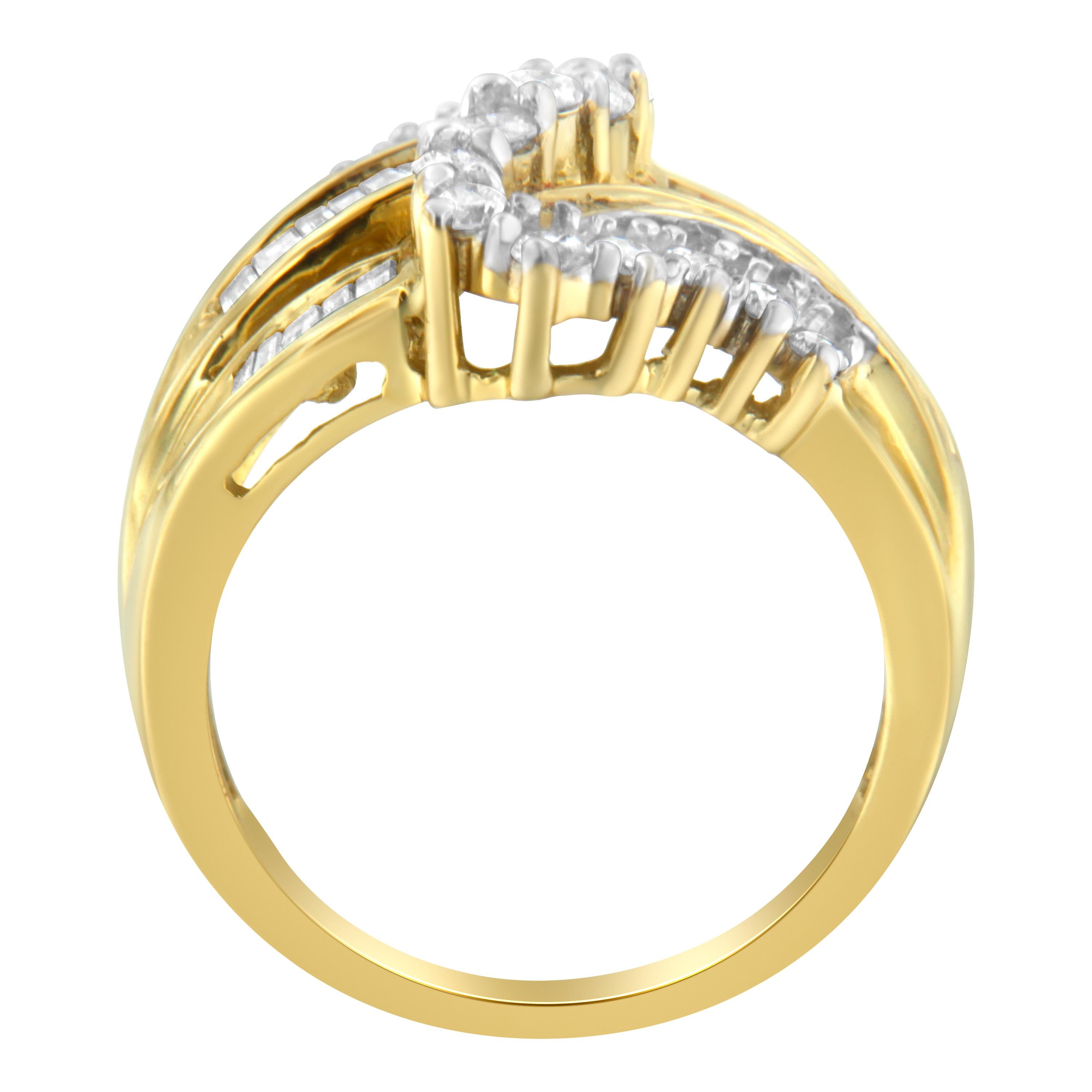 For Sale:  10K Yellow Gold 1.0 Carat Round and Baguette Cut Diamond Bypass Ring 2