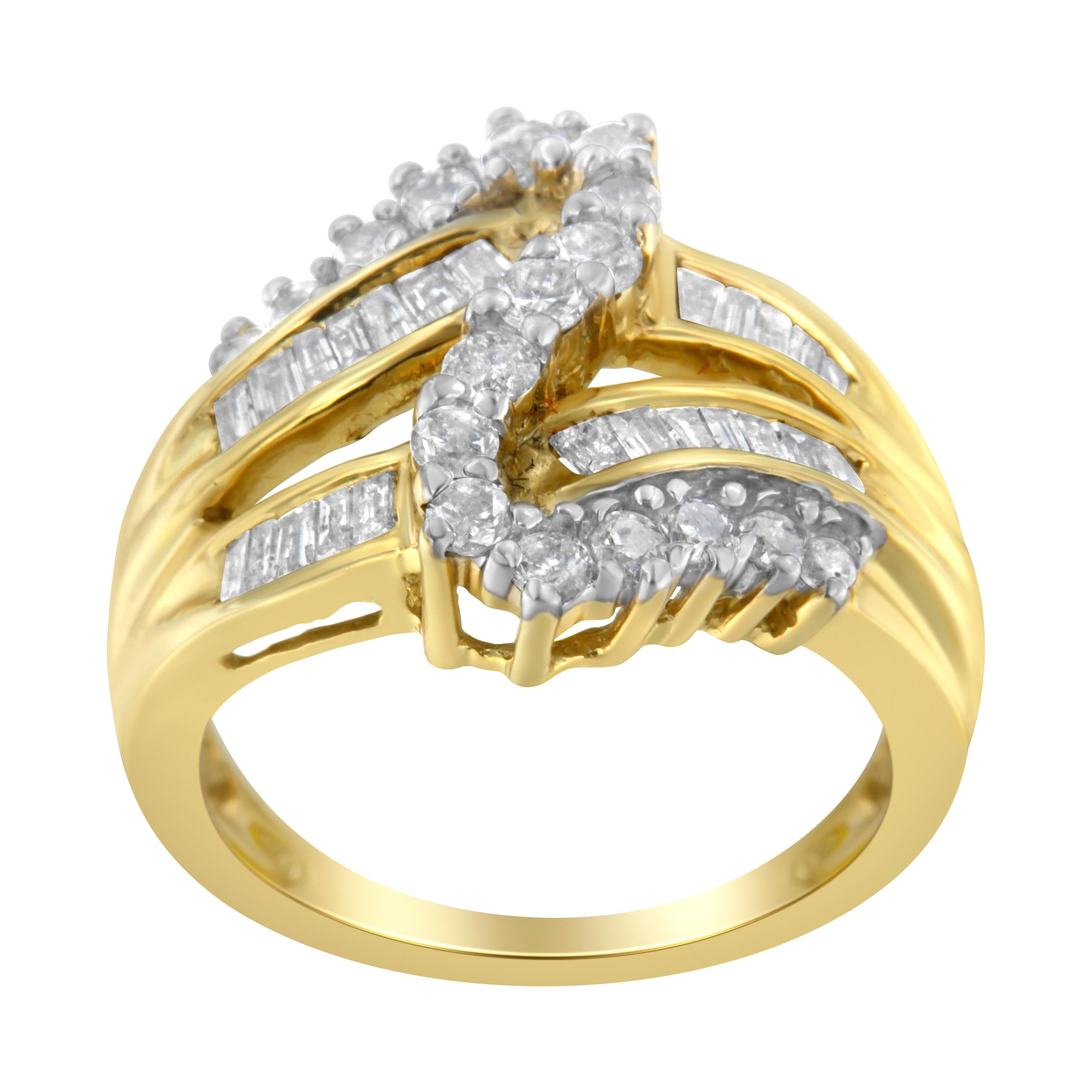 For Sale:  10K Yellow Gold 1.0 Carat Round and Baguette Cut Diamond Bypass Ring 3