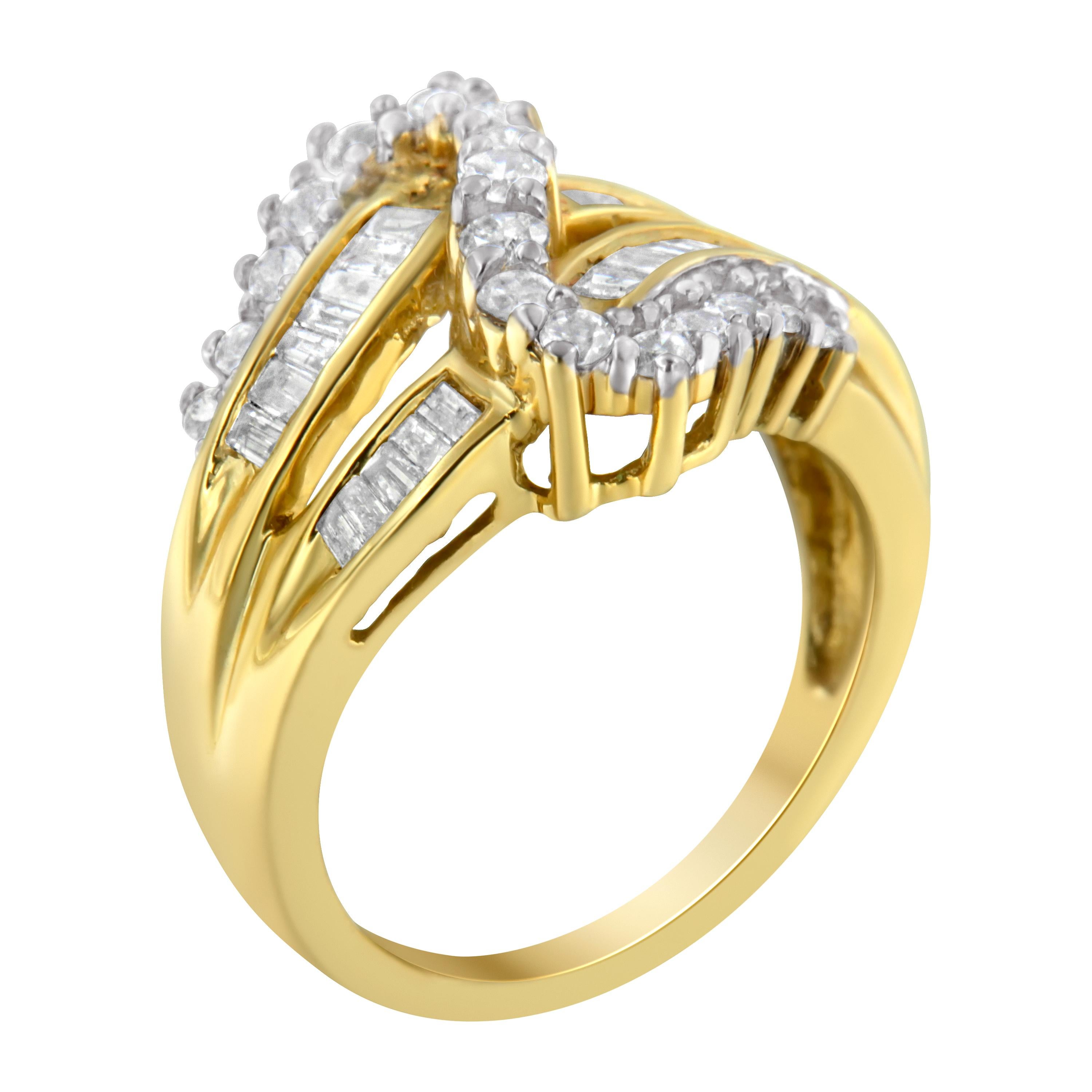 For Sale:  10K Yellow Gold 1.0 Carat Round and Baguette Cut Diamond Bypass Ring 4