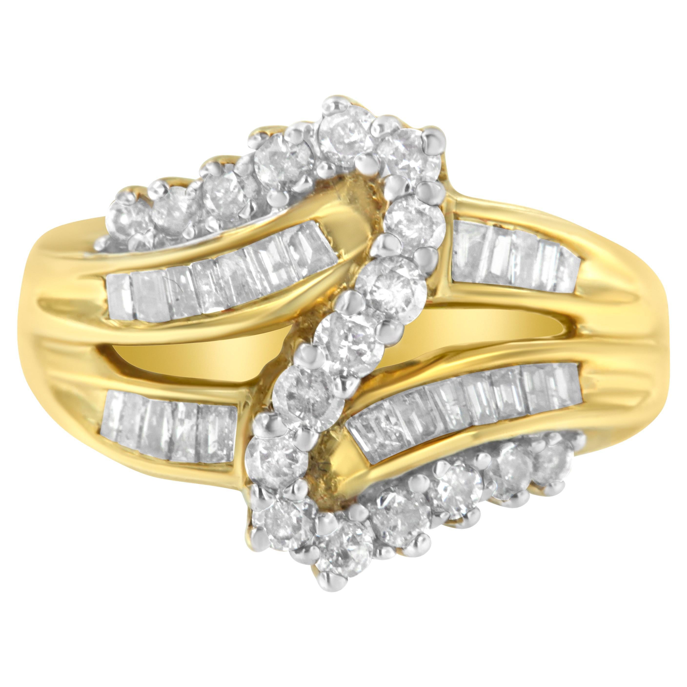 Bague bypass en or jaune 10 carats avec diamants taille ronde et baguette de 1,0 carat