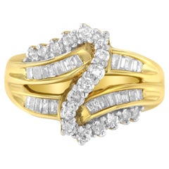 10K Yellow Gold 1.0 Carat Round and Baguette Cut Diamond Bypass Ring