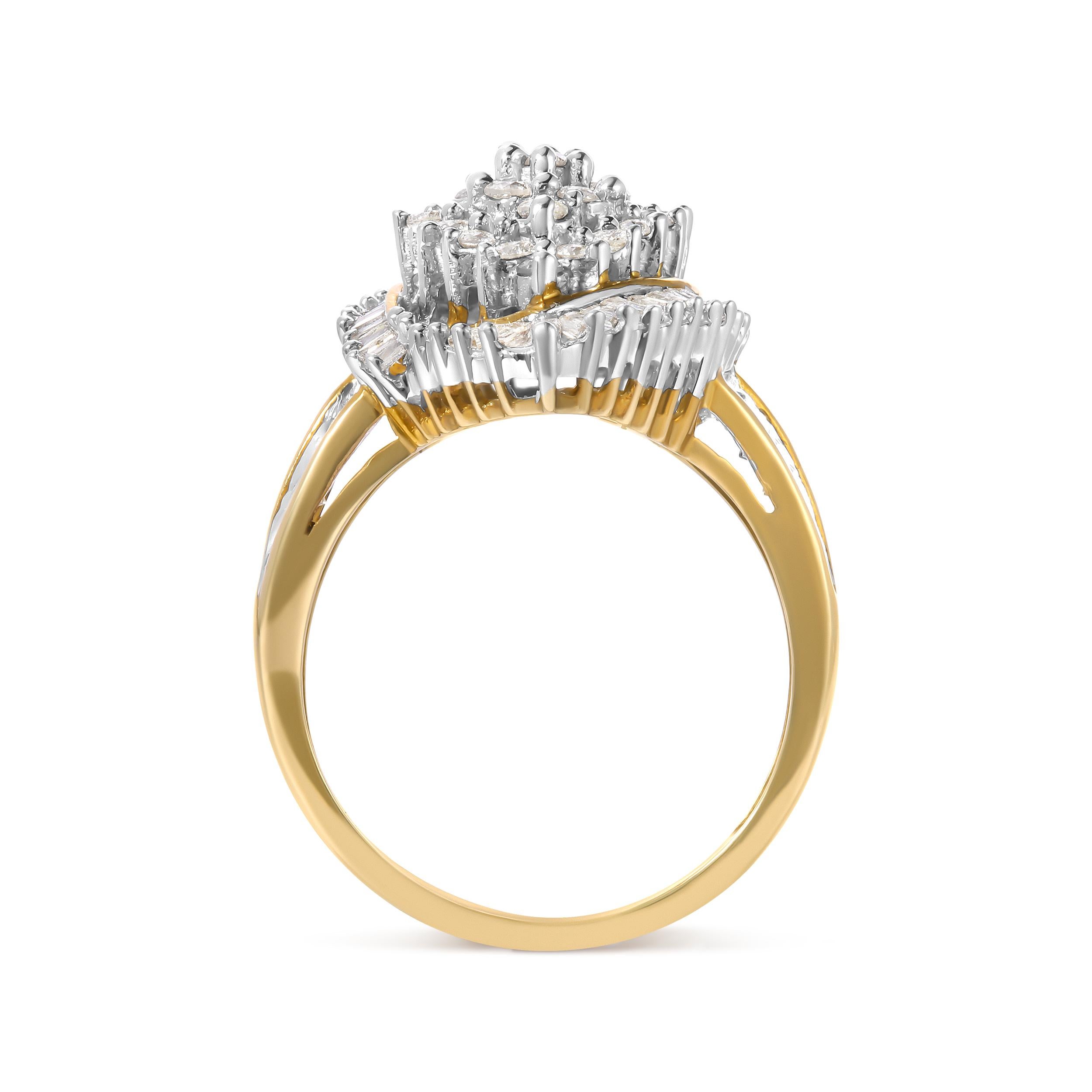 Laissez-vous séduire par l'allure exquise de notre bague à diamants en or jaune 10K. Ce chef-d'œuvre captivant est conçu pour les femmes exigeantes qui recherchent l'élégance et la brillance. Réalisée avec un art méticuleux, elle présente une fusion