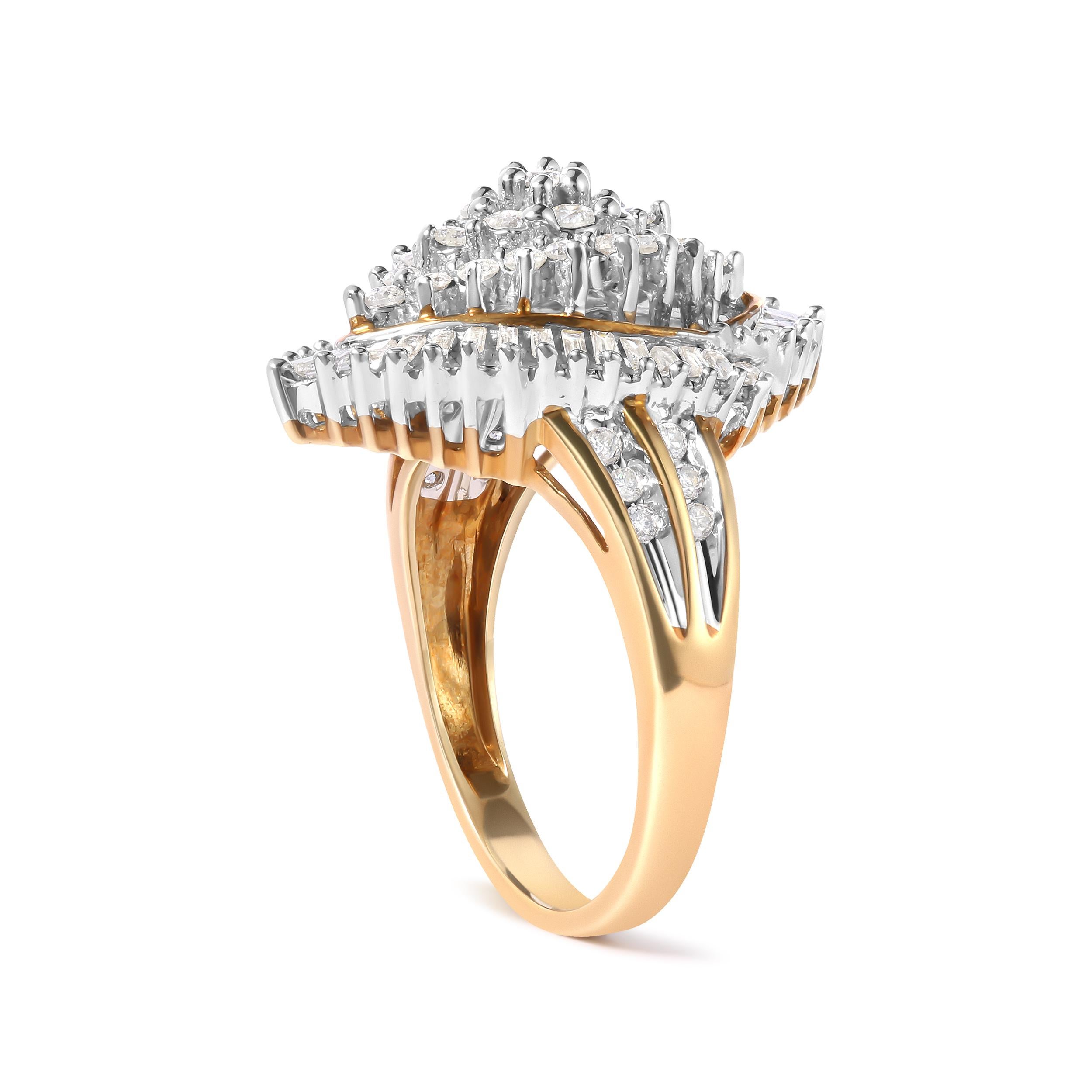 Modern 10K Yellow Gold 1.0 Carat Round and Baguette-Cut Diamond Cluster Ring For Sale