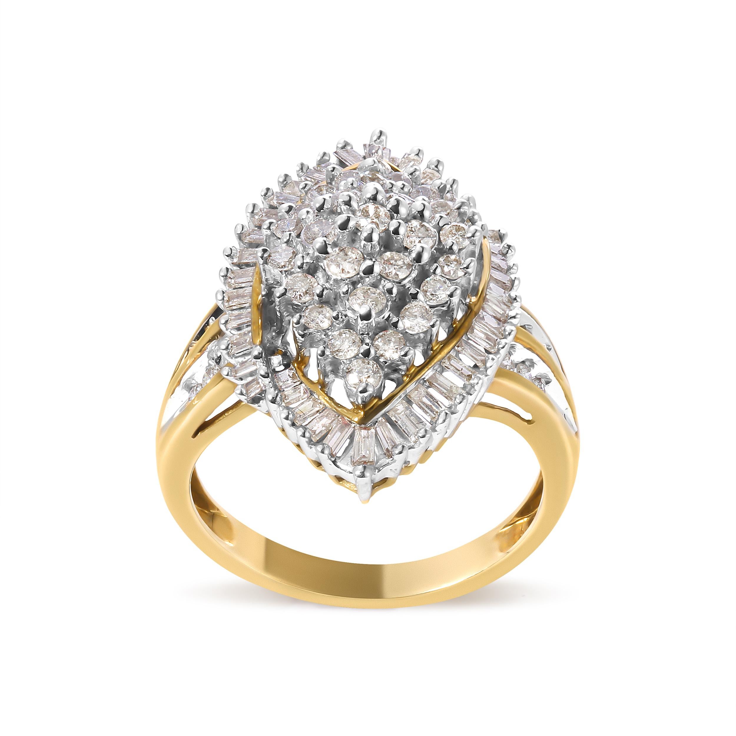 Round Cut 10K Yellow Gold 1.0 Carat Round and Baguette-Cut Diamond Cluster Ring For Sale