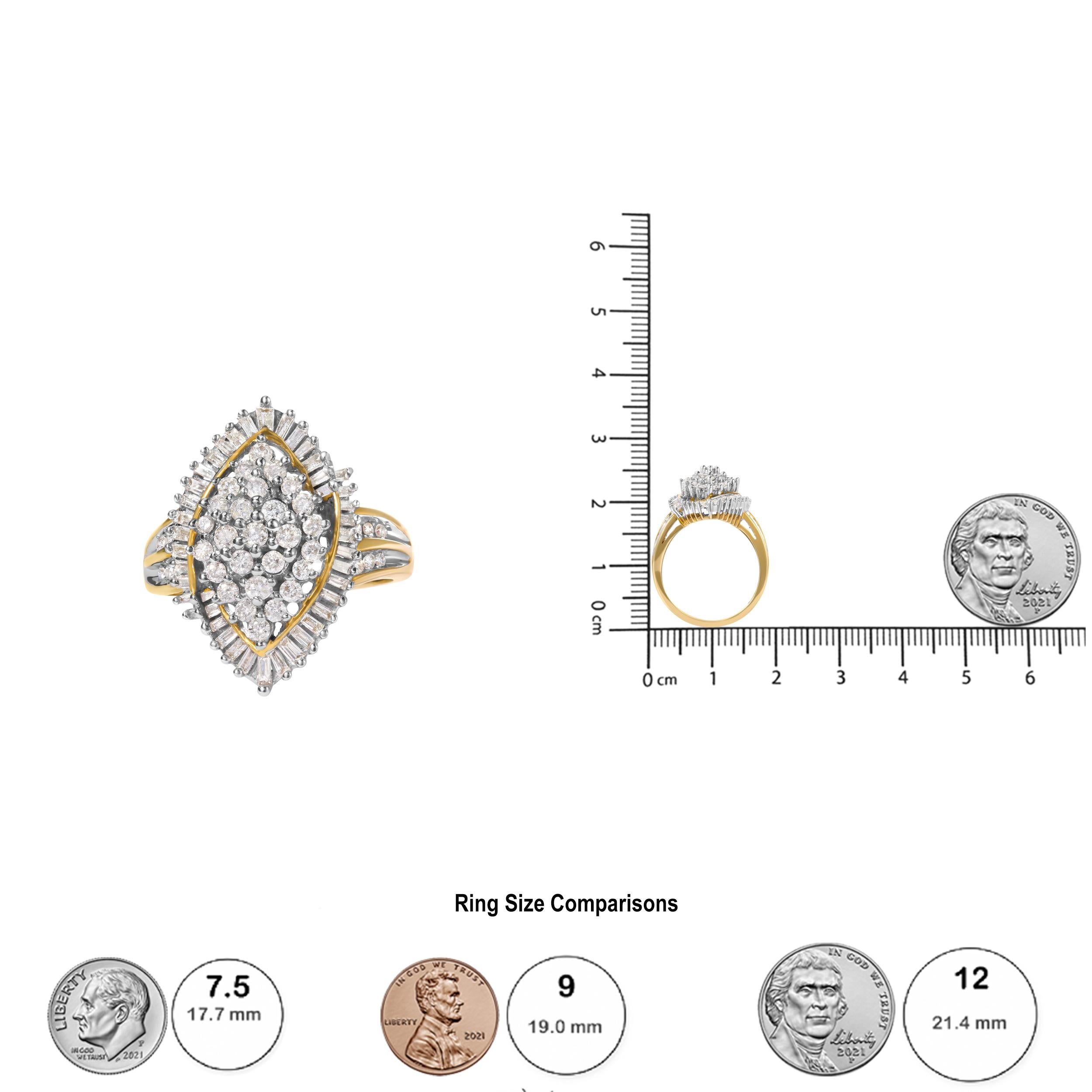 Women's 10K Yellow Gold 1.0 Carat Round and Baguette-Cut Diamond Cluster Ring For Sale