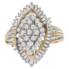 10K Yellow Gold 1.0 Carat Round and Baguette-Cut Diamond Cluster Ring