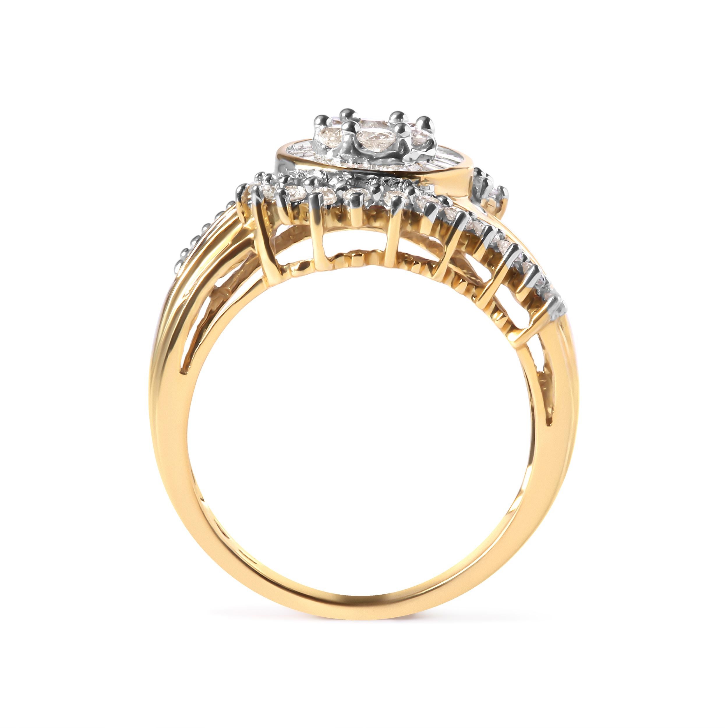 Indulge in the luxurious beauty of our stunning diamond cluster swirl band ring. Crafted from 10K yellow gold, this modern band is the perfect accessory to elevate any outfit. With a dazzling 1 cttw of natural diamonds in round and baguette cuts,