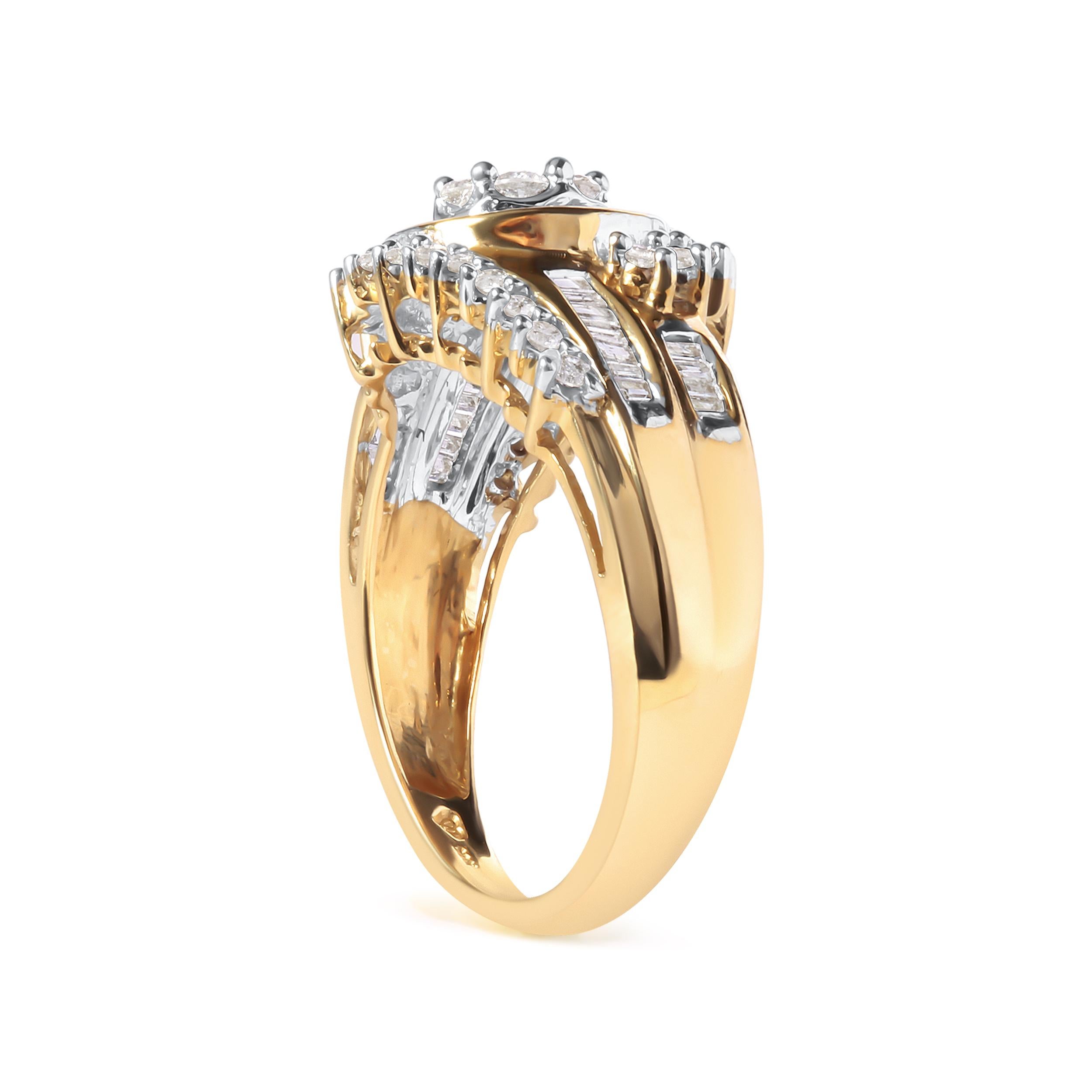 Modern 10K Yellow Gold 1.0 Carat Round and Baguette cut Diamond Cluster Swirl Band Ring For Sale