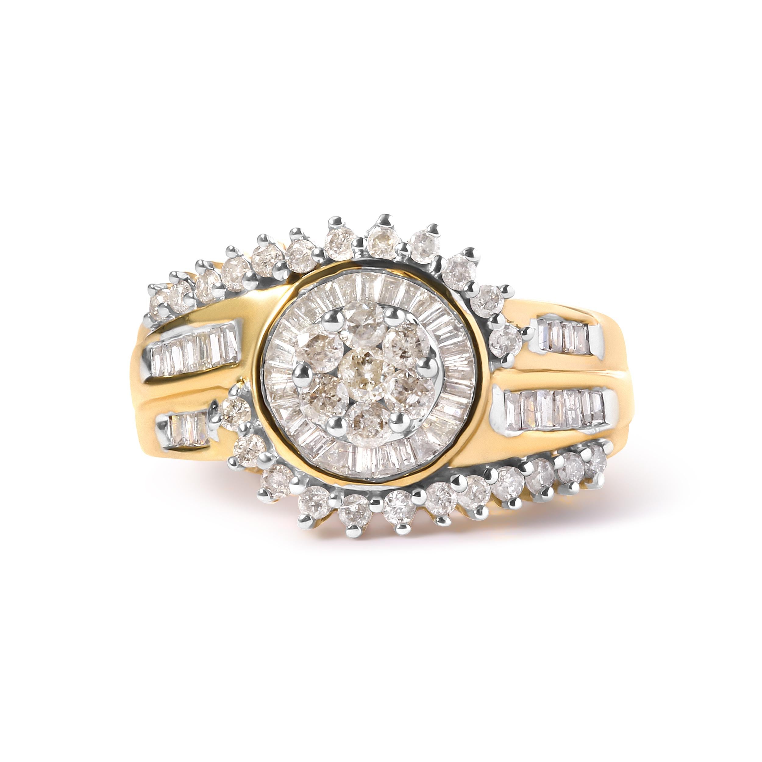 Round Cut 10K Yellow Gold 1.0 Carat Round and Baguette cut Diamond Cluster Swirl Band Ring For Sale