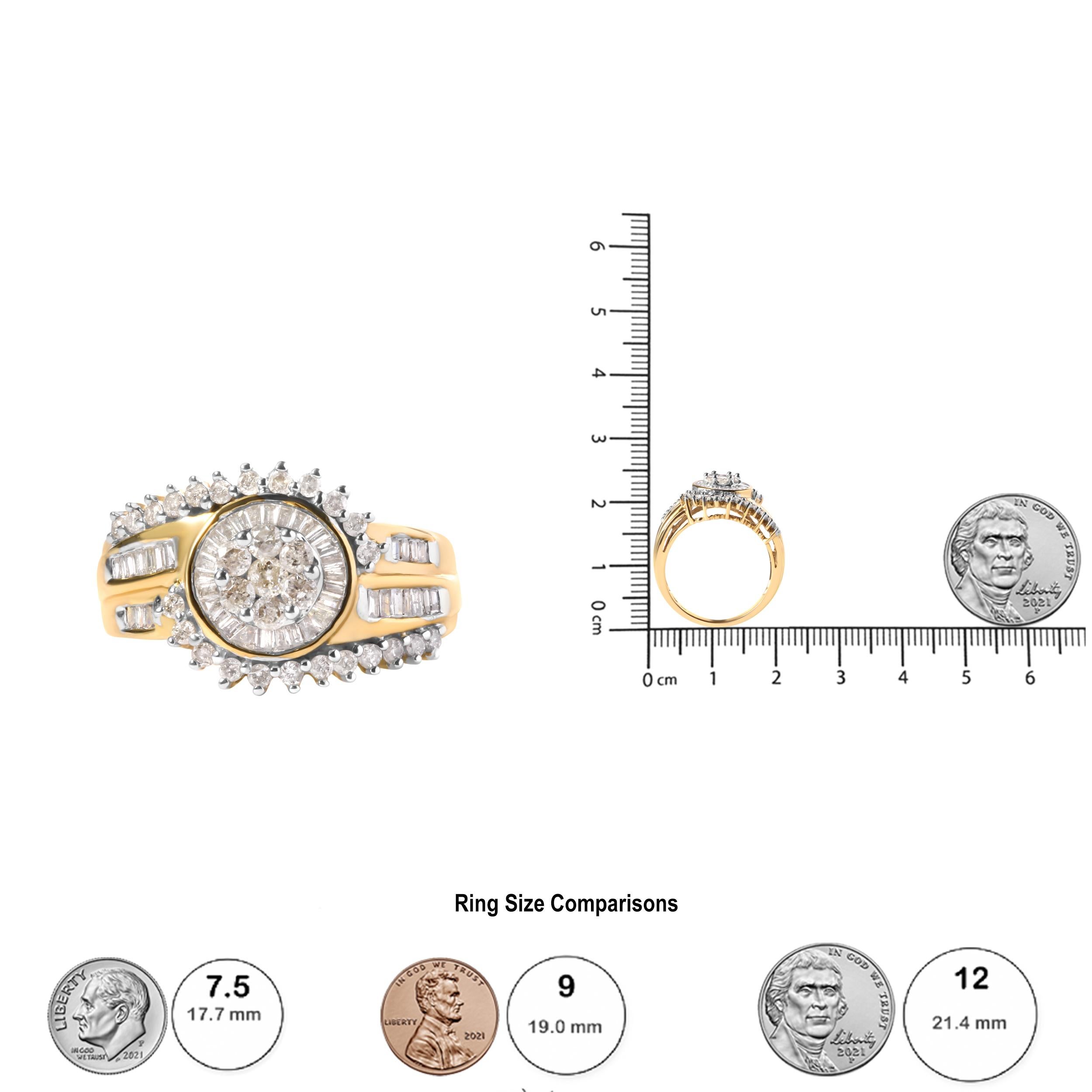 Women's 10K Yellow Gold 1.0 Carat Round and Baguette cut Diamond Cluster Swirl Band Ring For Sale