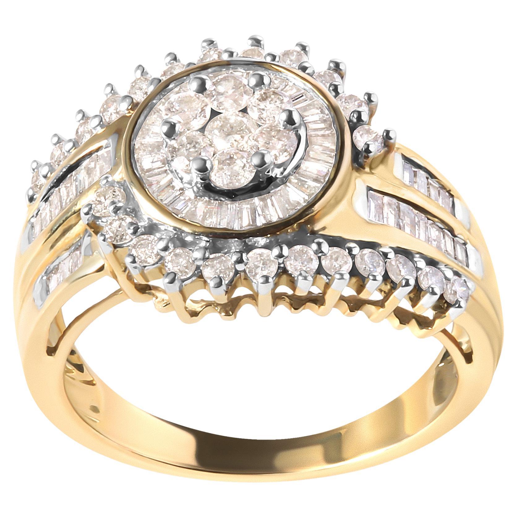10K Yellow Gold 1.0 Carat Round and Baguette cut Diamond Cluster Swirl Band Ring For Sale