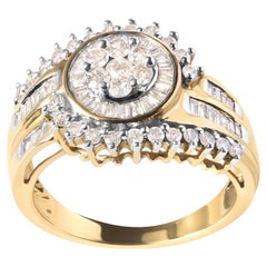10K Yellow Gold 1.0 Carat Round and Baguette cut Diamond Cluster Swirl Band Ring