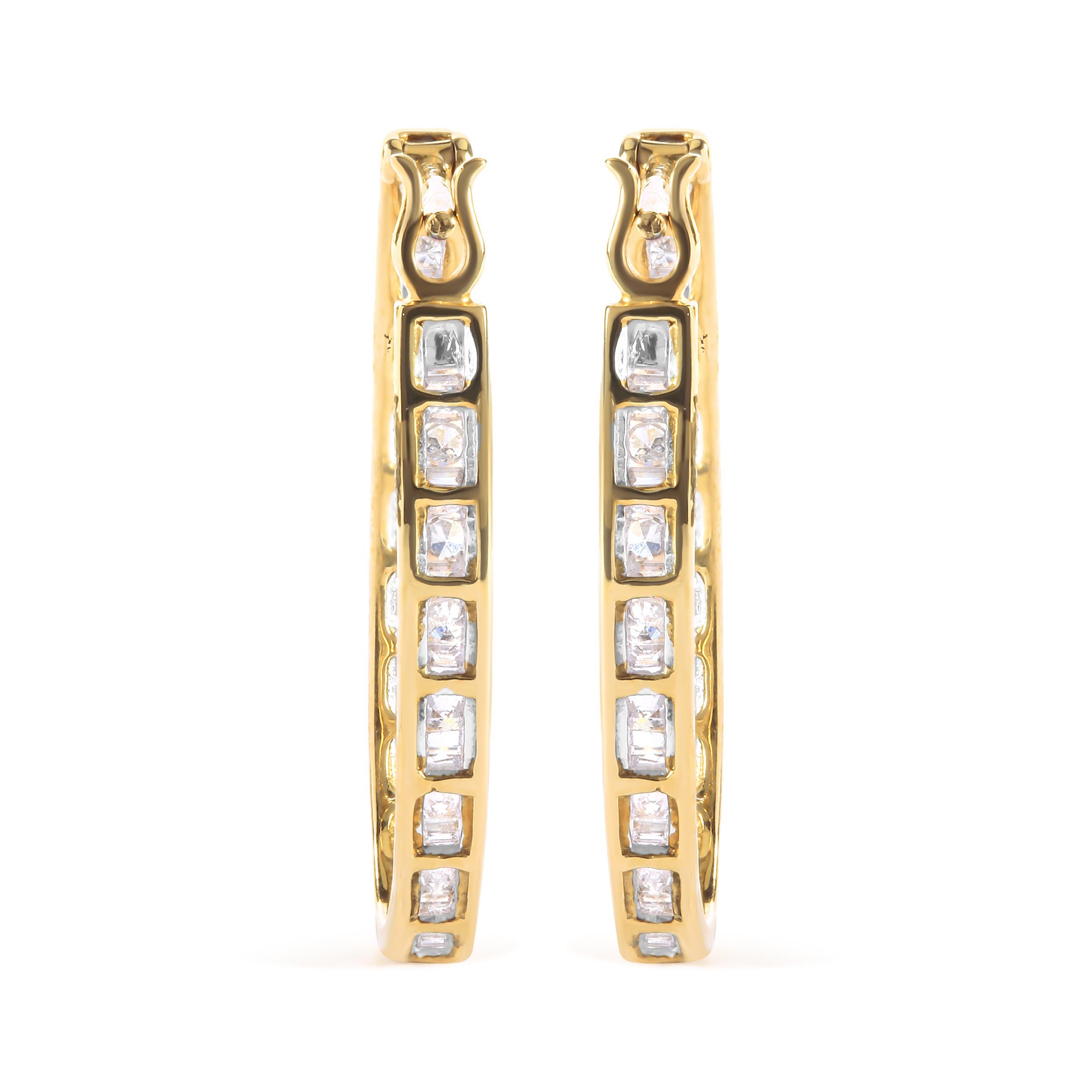 Modern 10K Yellow Gold 1.0 Carat Round and Baguette-Cut Diamond U-Hoop Earrings For Sale