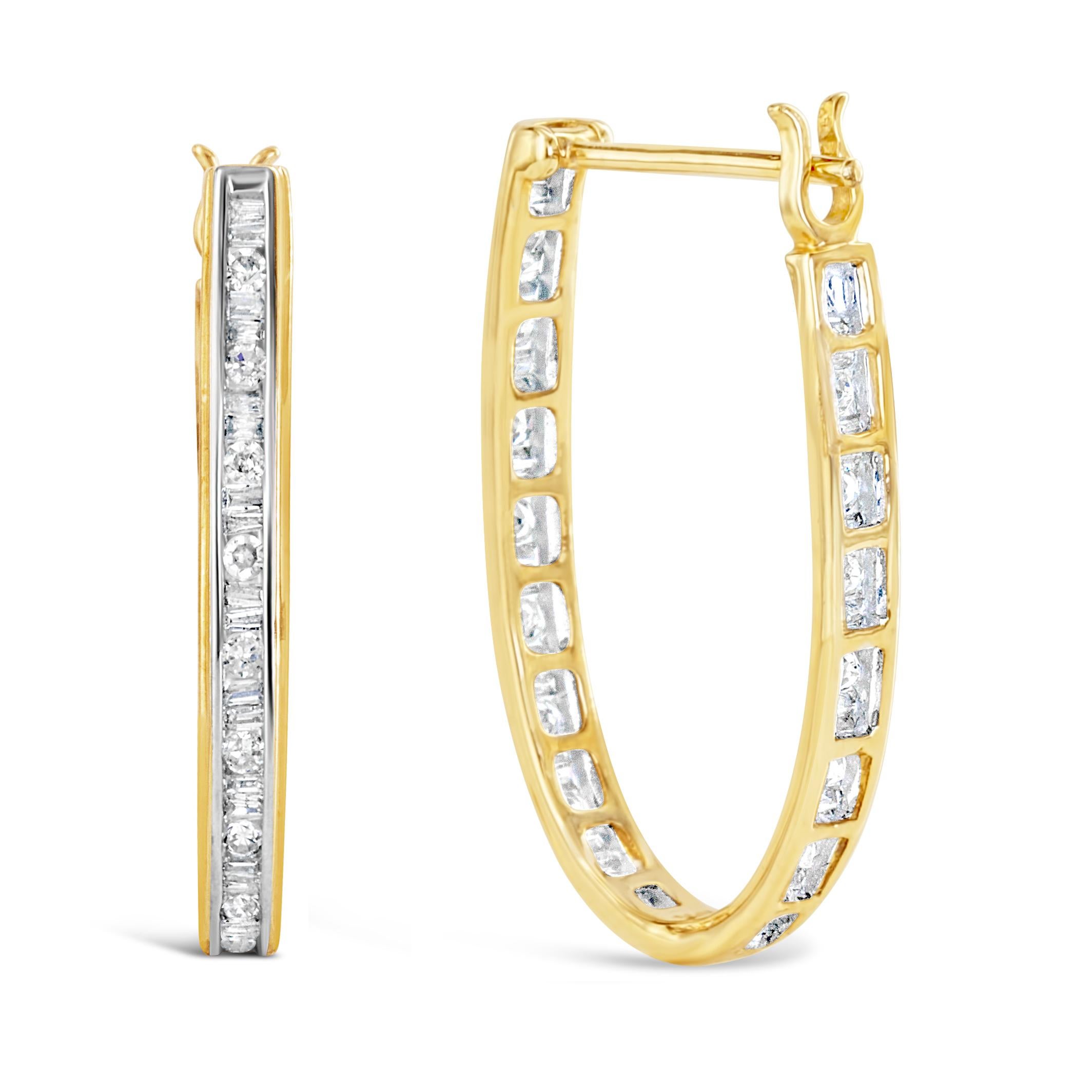 Round Cut 10K Yellow Gold 1.0 Carat Round and Baguette-Cut Diamond U-Hoop Earrings For Sale