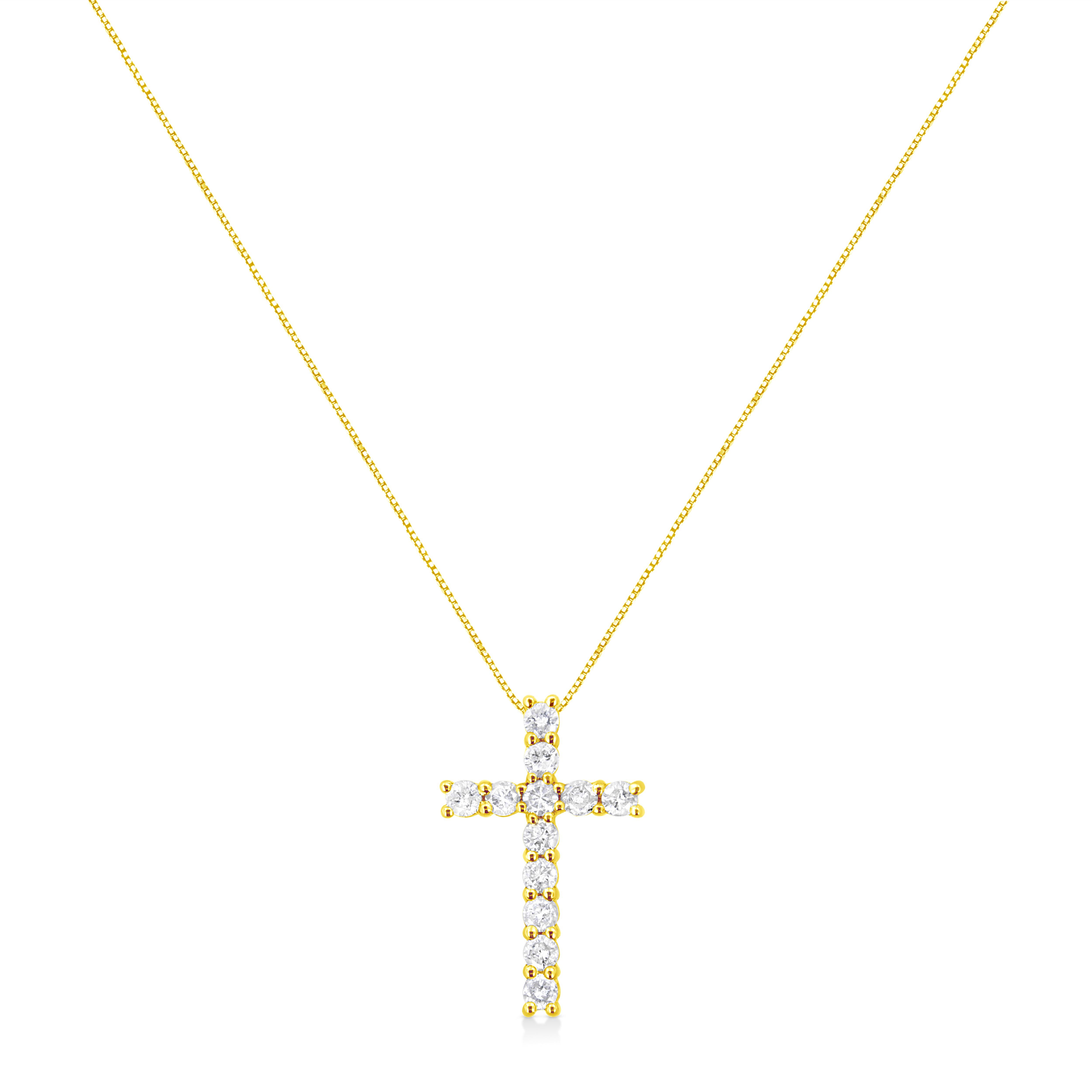 Show off your divinity with this elegant cross pendant. Boasting a total carat weight of 1 cttw, this necklace is a glamorous way to show off your spiritual side. Natural, round-cut diamonds are embellished in the finest 10k yellow gold. Wear this