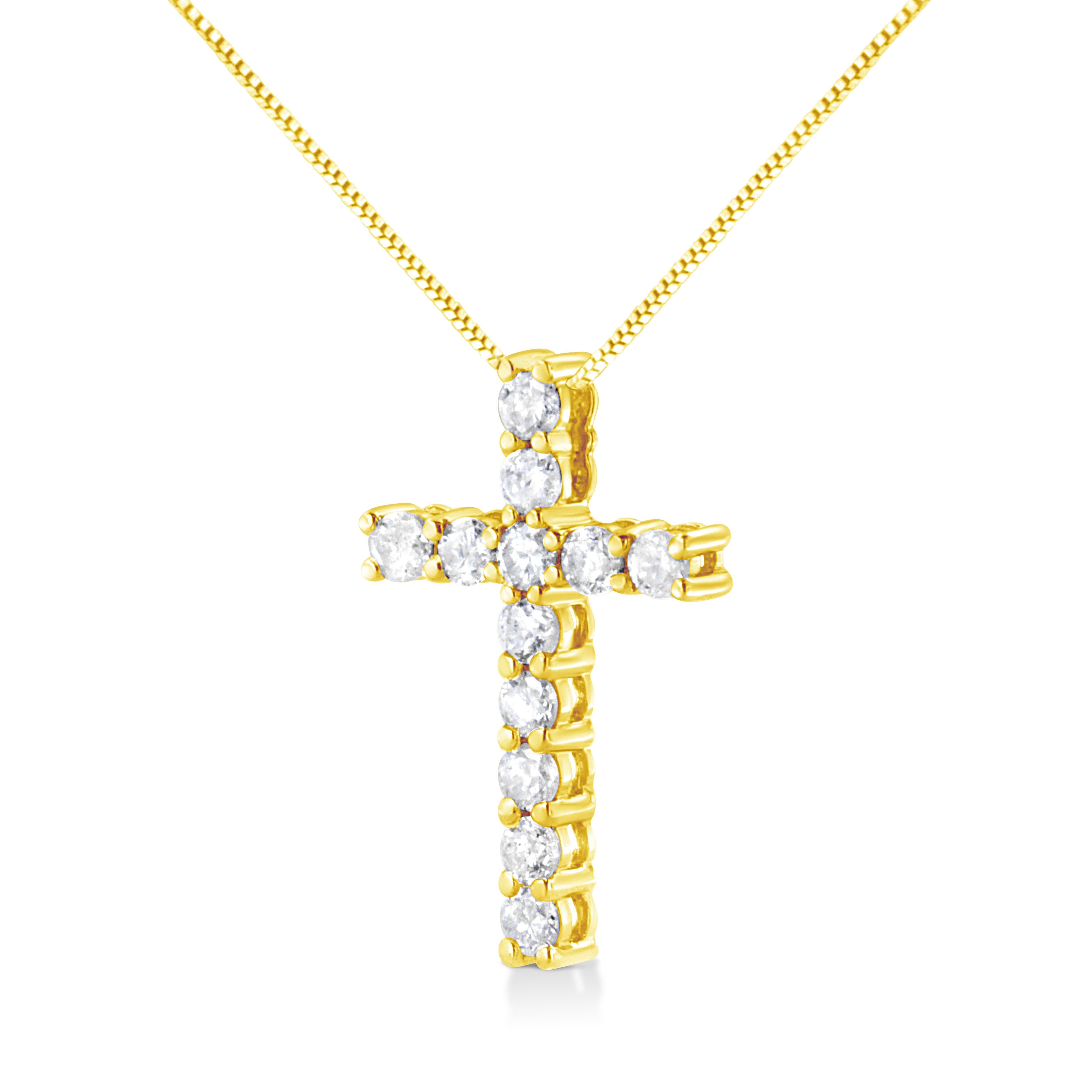10k Yellow Gold 1.0 Carat Round Brilliant Cut Diamond Cross Pendant Necklace Contemporáneo