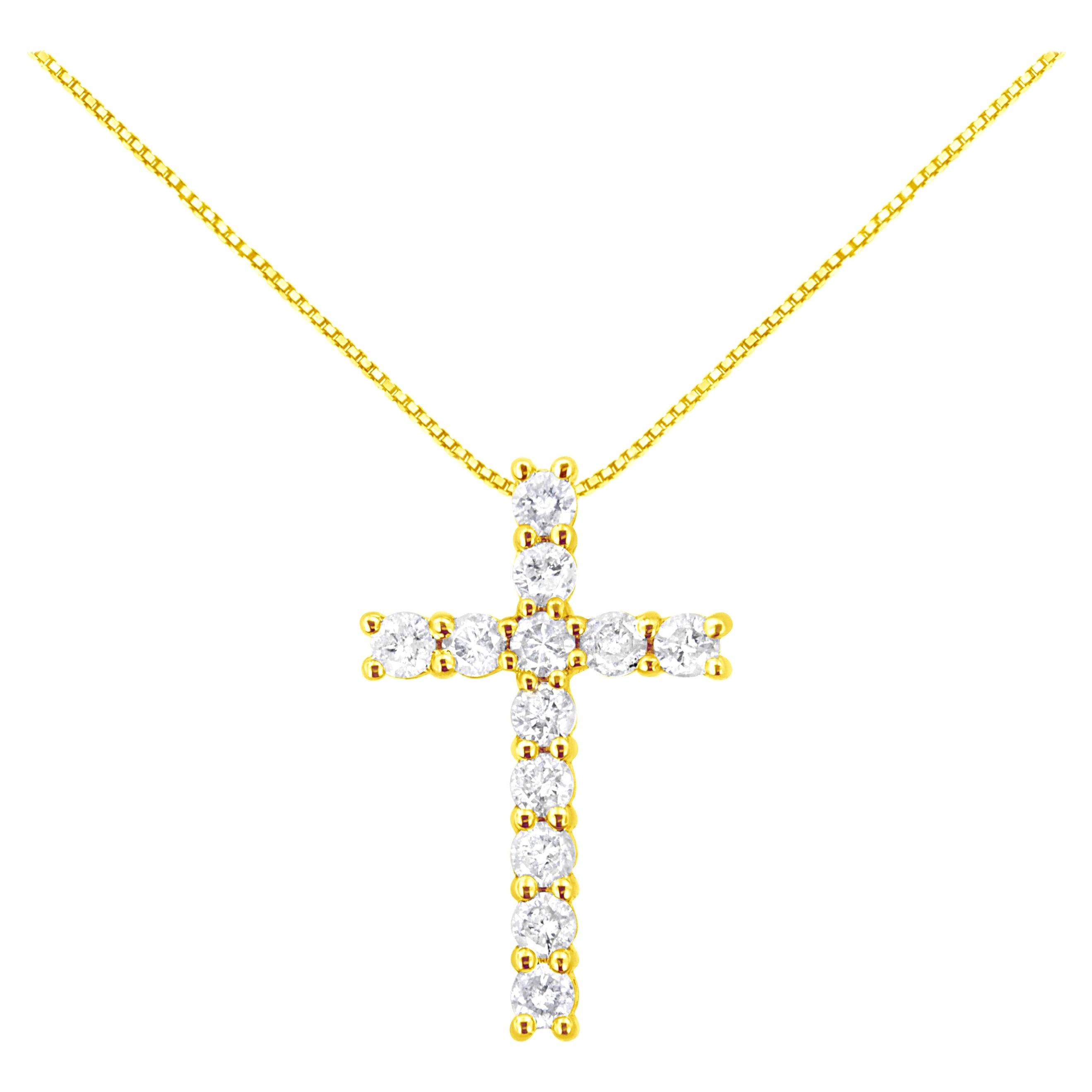 10k Yellow Gold 1.0 Carat Round Brilliant Cut Diamond Cross Pendant Necklace
