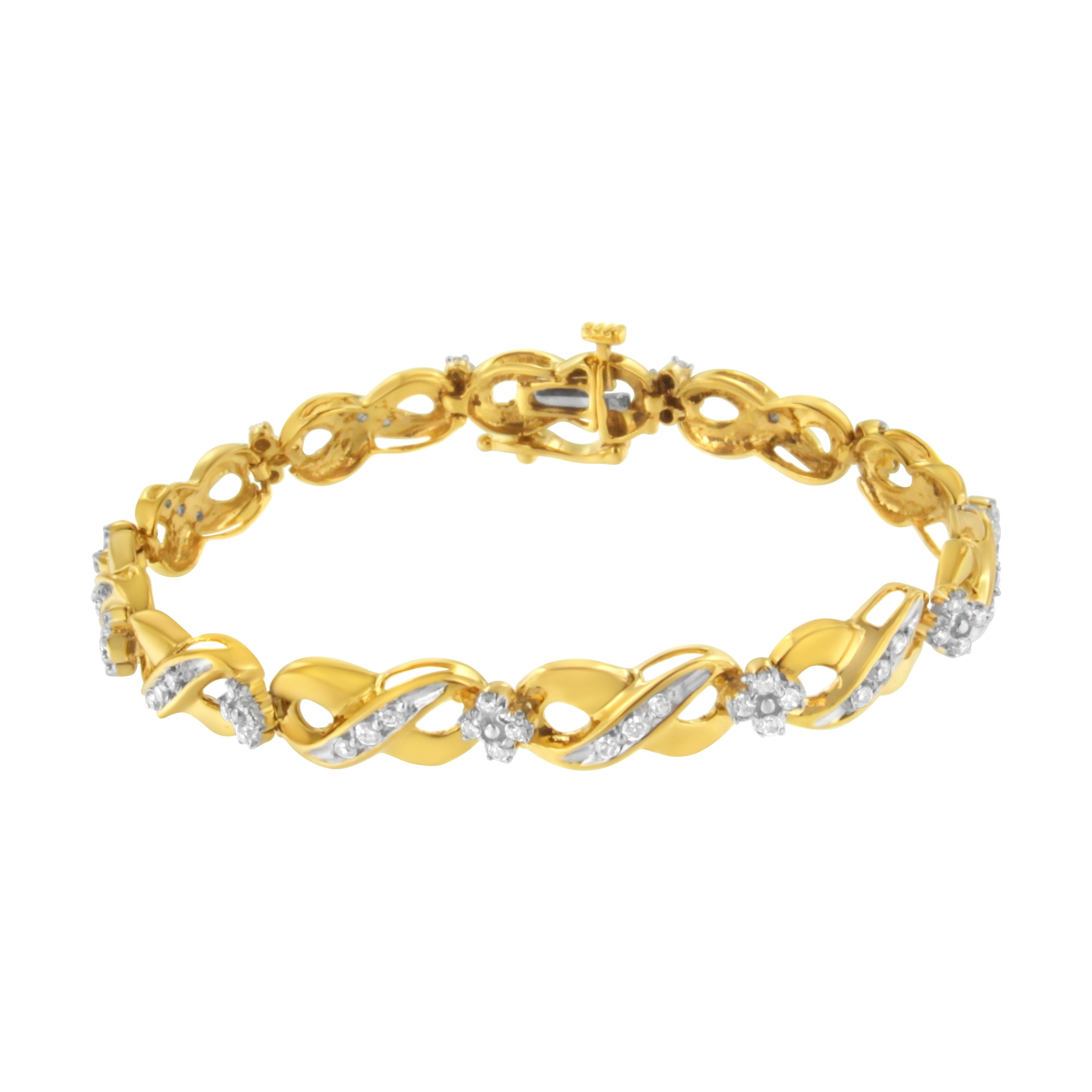 The infinity symbol represents the idea of forever, just like the love you share together. Capture that sentiment with this beautiful bracelet, which features an endless loop of diamond-embellished yellow gold bands that come together for a dazzling