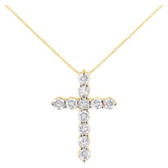10K Yellow Gold 1.0 Carat Round Diamond Cross Pendant Necklace with Box Chain
