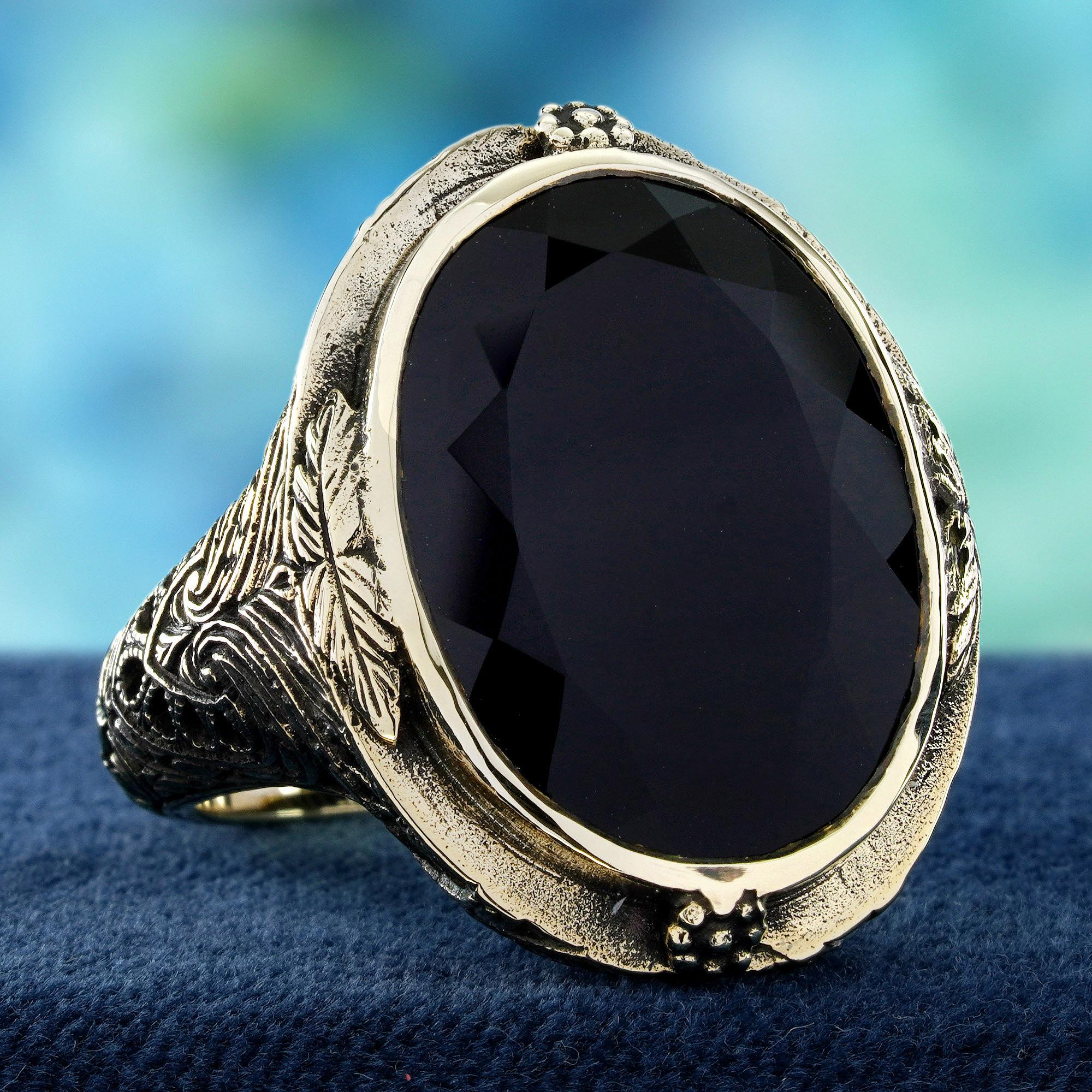 Edoardiano Oro giallo 10K 10 Ct. Anello da cocktail con intaglio in onice in stile vintage in vendita