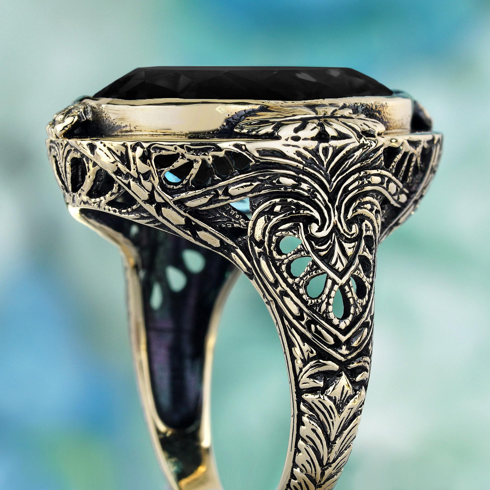 Donna Oro giallo 10K 10 Ct. Anello da cocktail con intaglio in onice in stile vintage in vendita