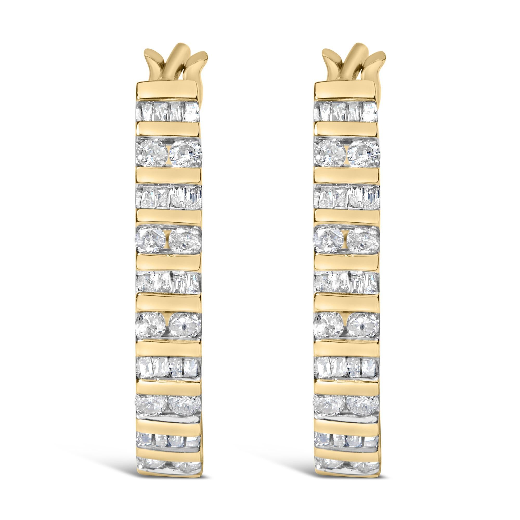 Immergiti nella sublime eleganza di questi squisiti orecchini a cerchio, realizzati magistralmente in oro giallo 10K e impreziositi da un totale di 1,0 carati di diamanti naturali. Ogni orecchino brilla con un'accattivante danza di luce, grazie a