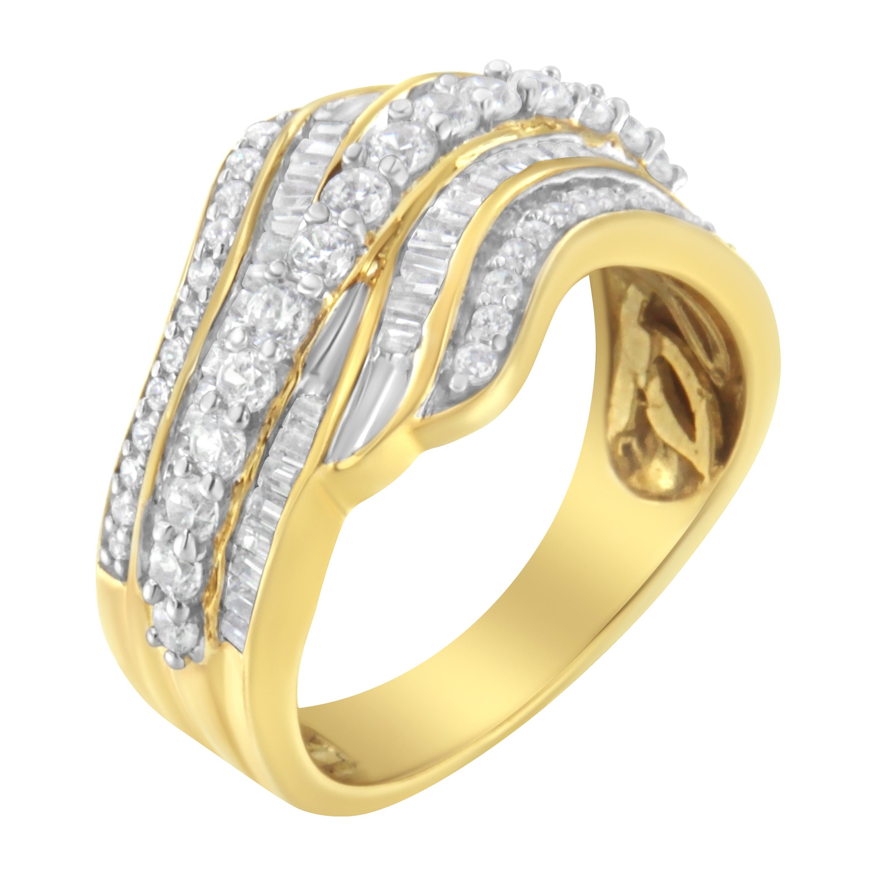 Crafted in warm 10k yellow gold, this bypassing ring features 1 cttw of diamonds. A ribbon inlaid in glimmering round cut diamonds sits at the center of the ring while additional rows studded with baguette and round cut diamonds overlap the center