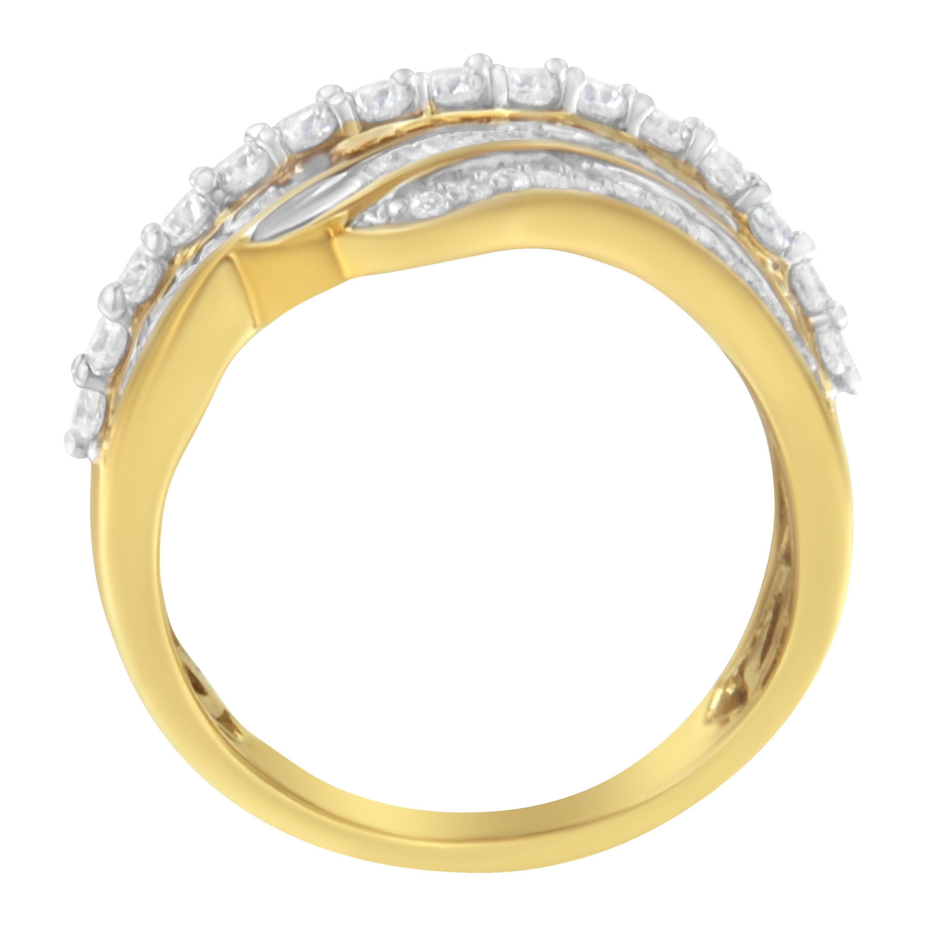 Moderne Bague bypass à plusieurs rangs en or jaune 10 carats avec diamants baguettes et ronds 1,0 carat en vente
