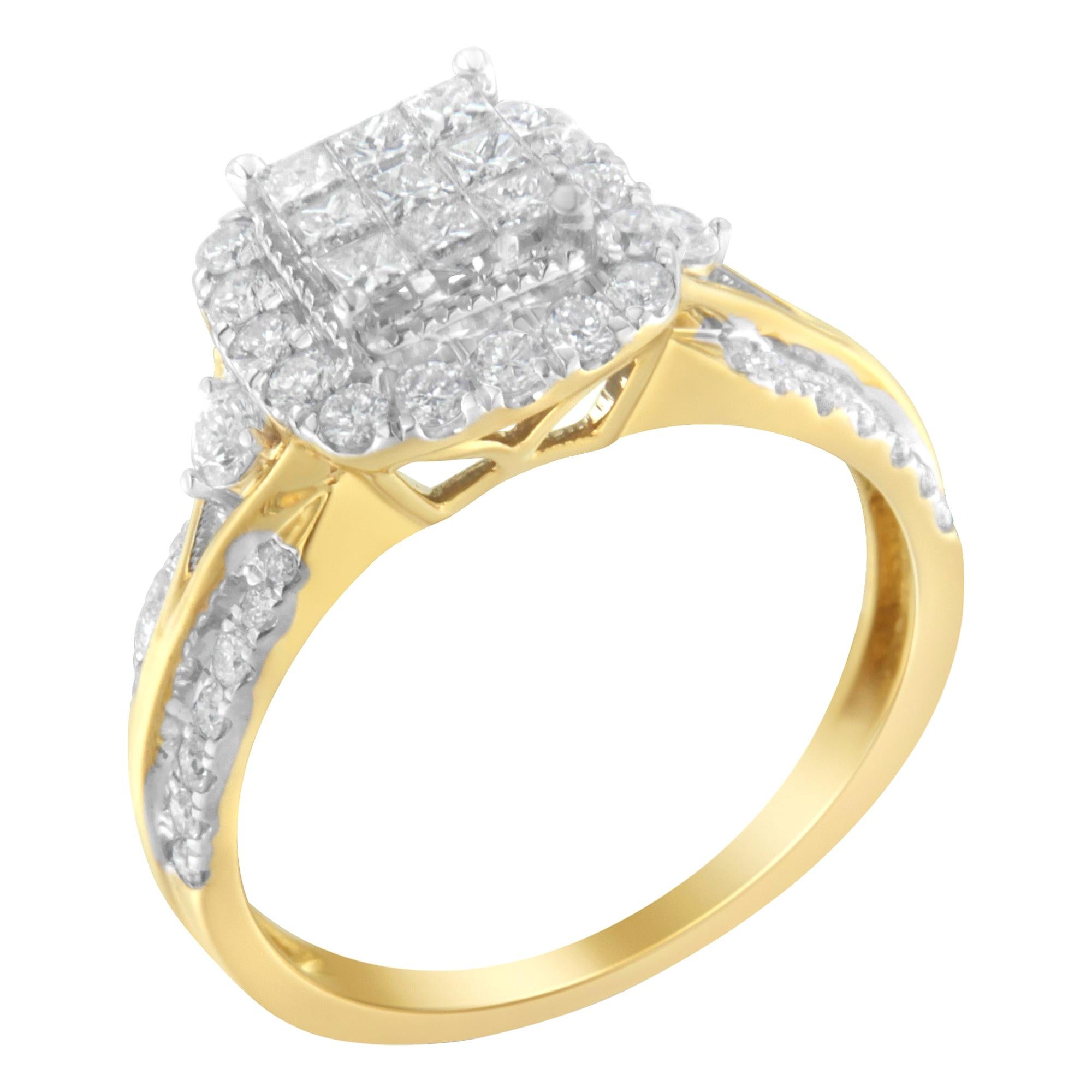Bague de fiançailles en or jaune 10 carats avec halo de diamants taille brillant de 1,0 carat au total