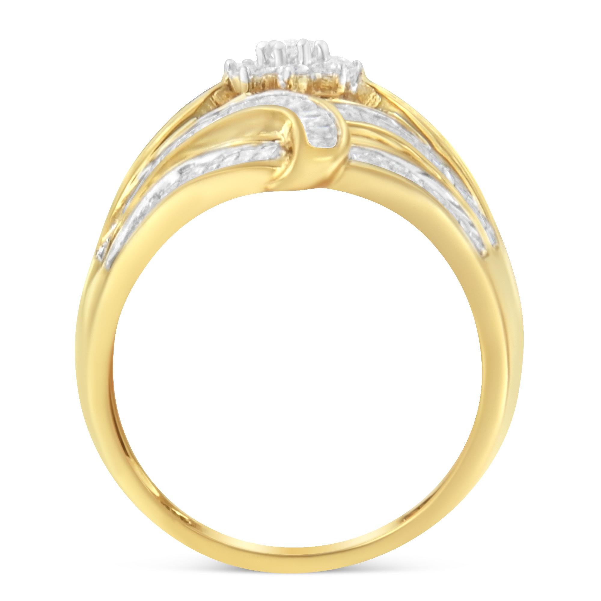 This beautiful diamond ring is the perfect anniversary gift for her. Made in the finest 10k yellow gold, this unique piece is embellished with 9 round cut and 132 baguette cut diamonds in a prong and channel setting respectively. Weighing a total