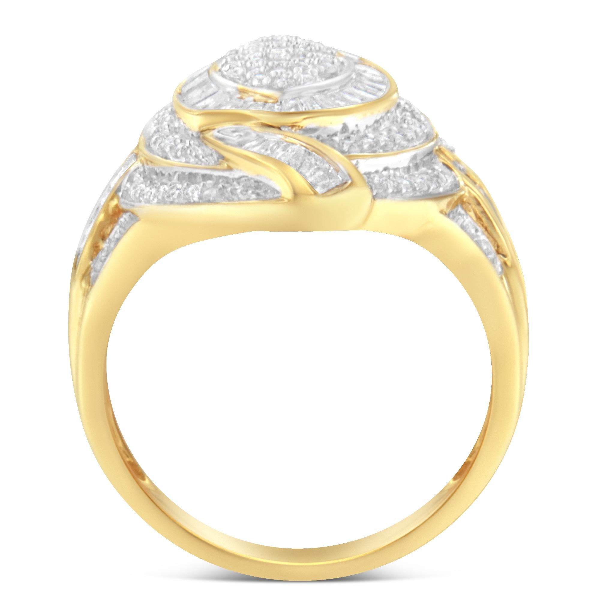 A diamond and gold cluster ring featuring a central cluster of round diamonds surrounded by bands of baguette and round diamonds. The ring contains 154 diamonds set in a 10 karat yellow gold band. Combined the diamonds weigh 1.02 carats.

Product