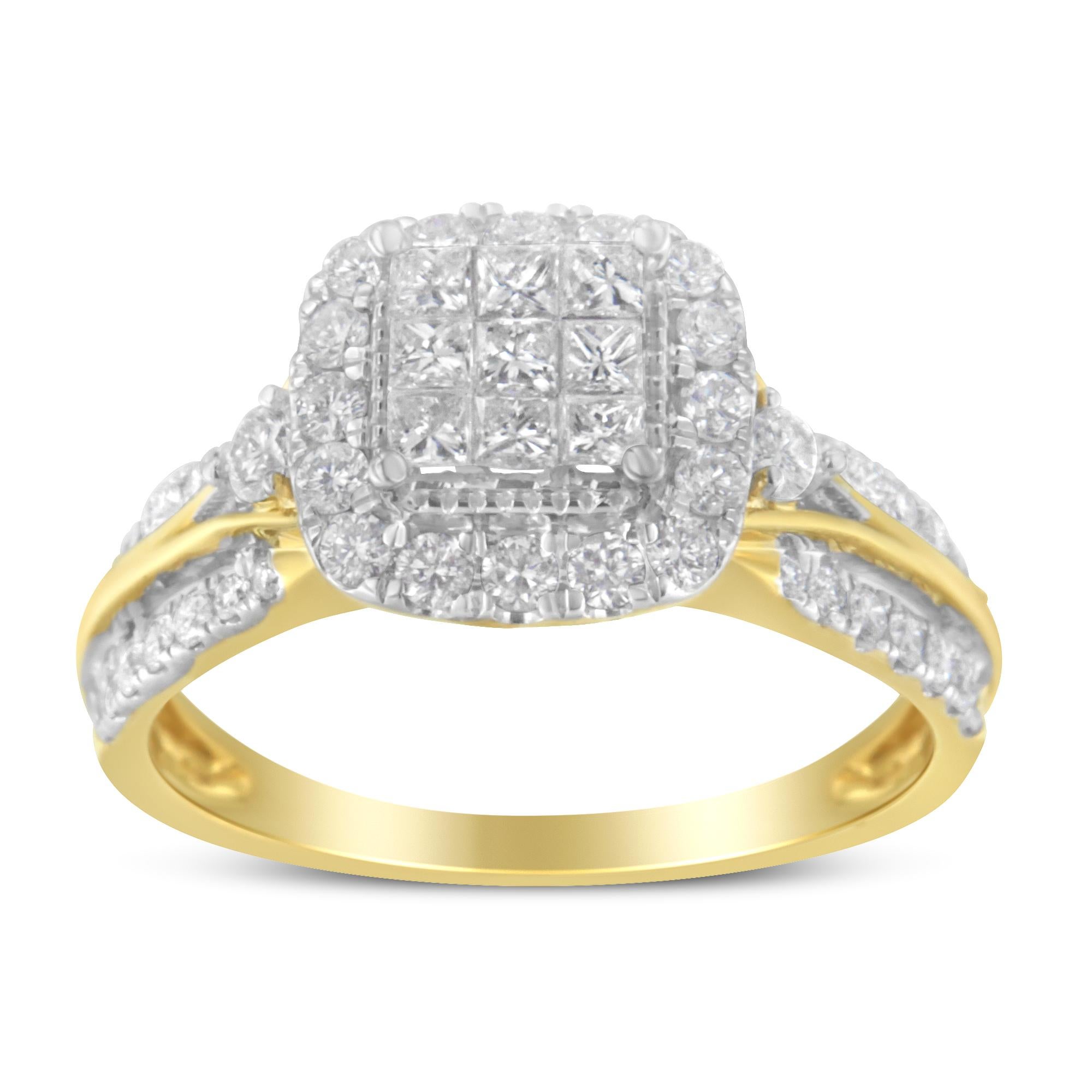 10K Yellow Gold 1.0 Cttw Diamond Composite Halo 3-Band-Look Engagement Ring 3