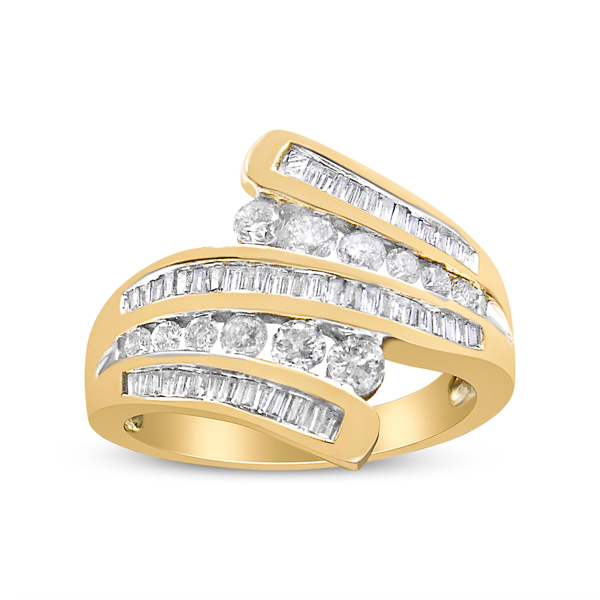 Moderne Bague bypass à plusieurs rangées de diamants 1,0 carattw en or jaune 10 carats, taille 7 en vente