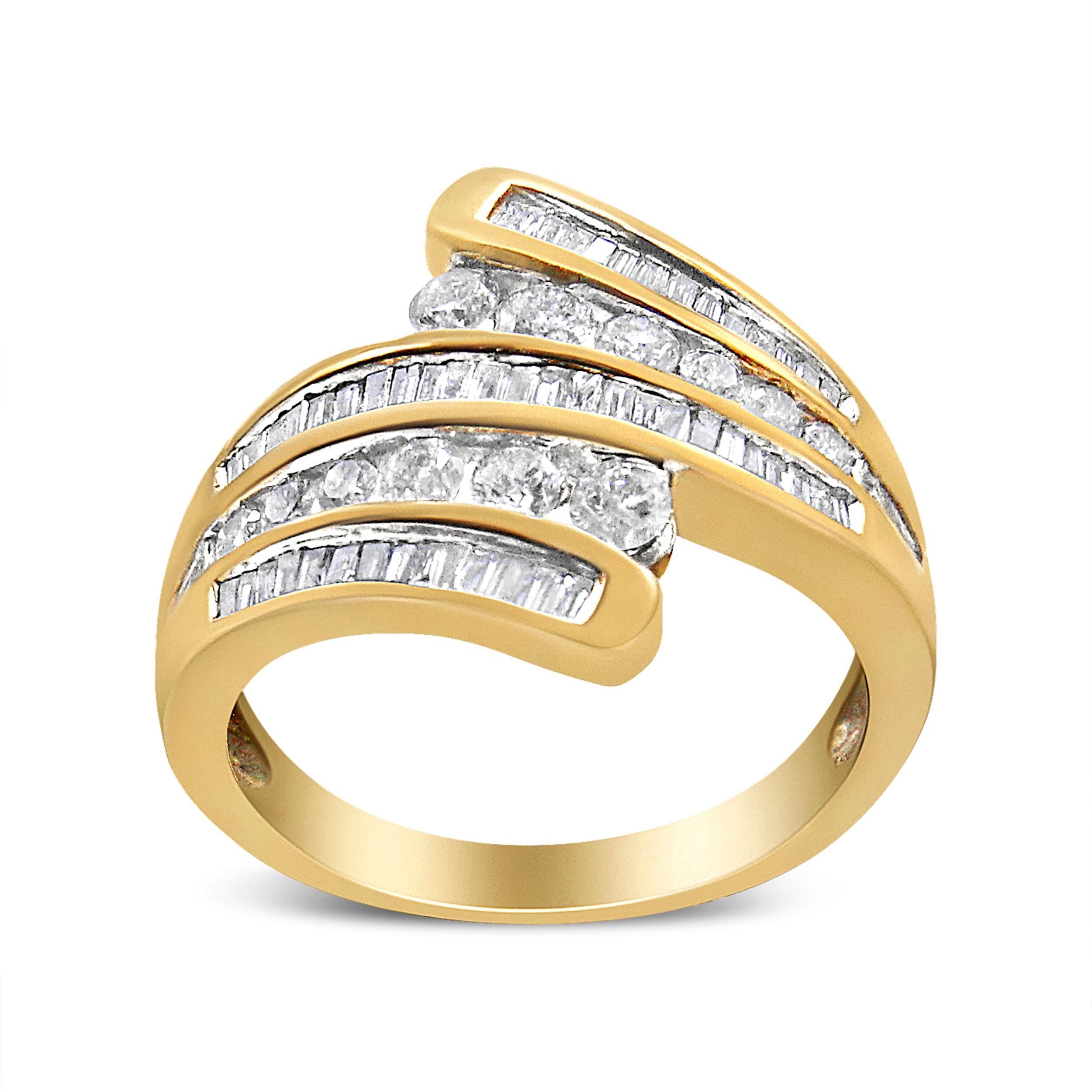 Bague bypass à plusieurs rangées de diamants 1,0 carattw en or jaune 10 carats, taille 7 Pour femmes en vente