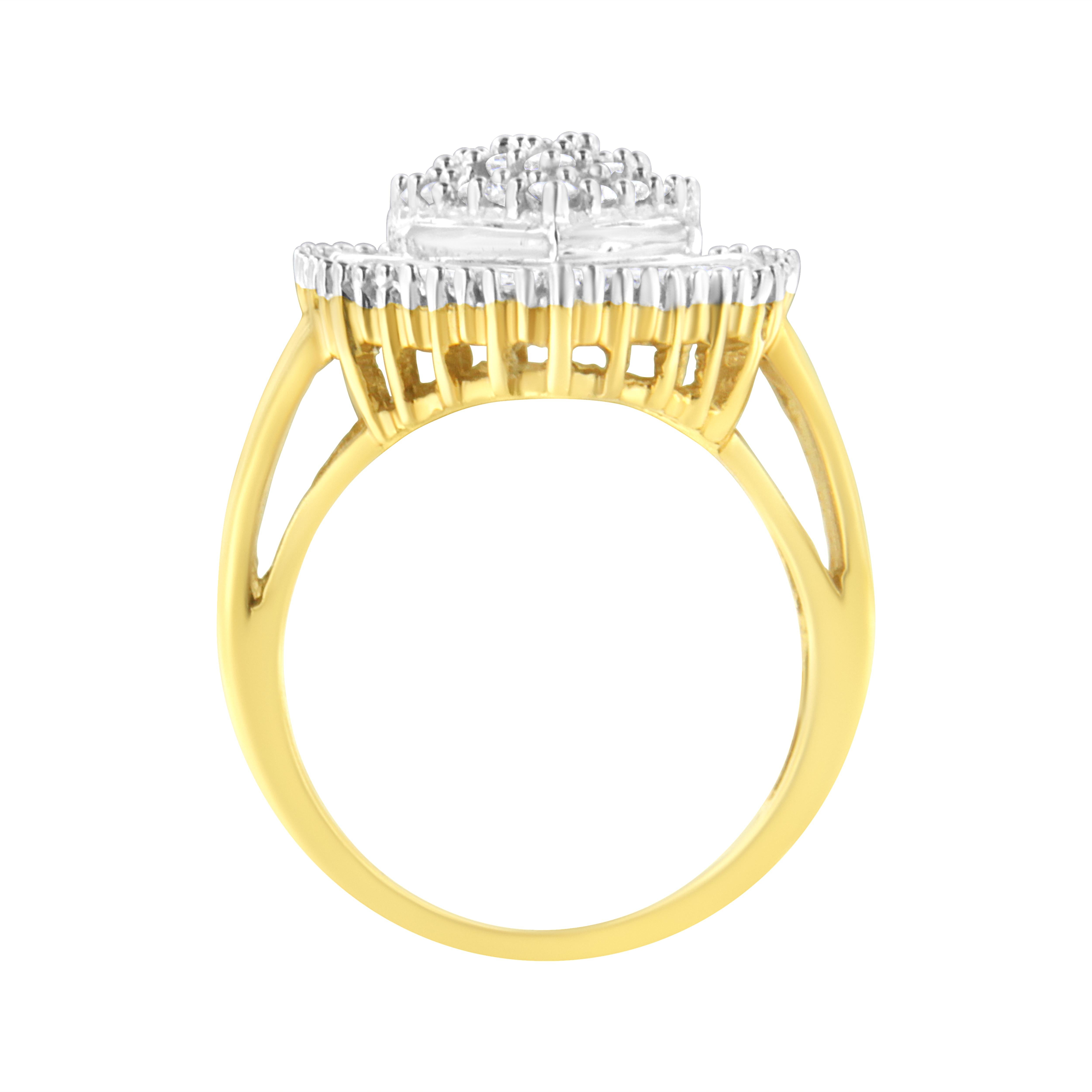 Bague de cocktail en or et diamants. Cette bague en forme de poire est composée de 31 diamants ronds et de 33 diamants baguettes en serti clos et en serti canal, respectivement. Les diamants, d'un poids total de 1 ct, sont sertis dans de l'or jaune