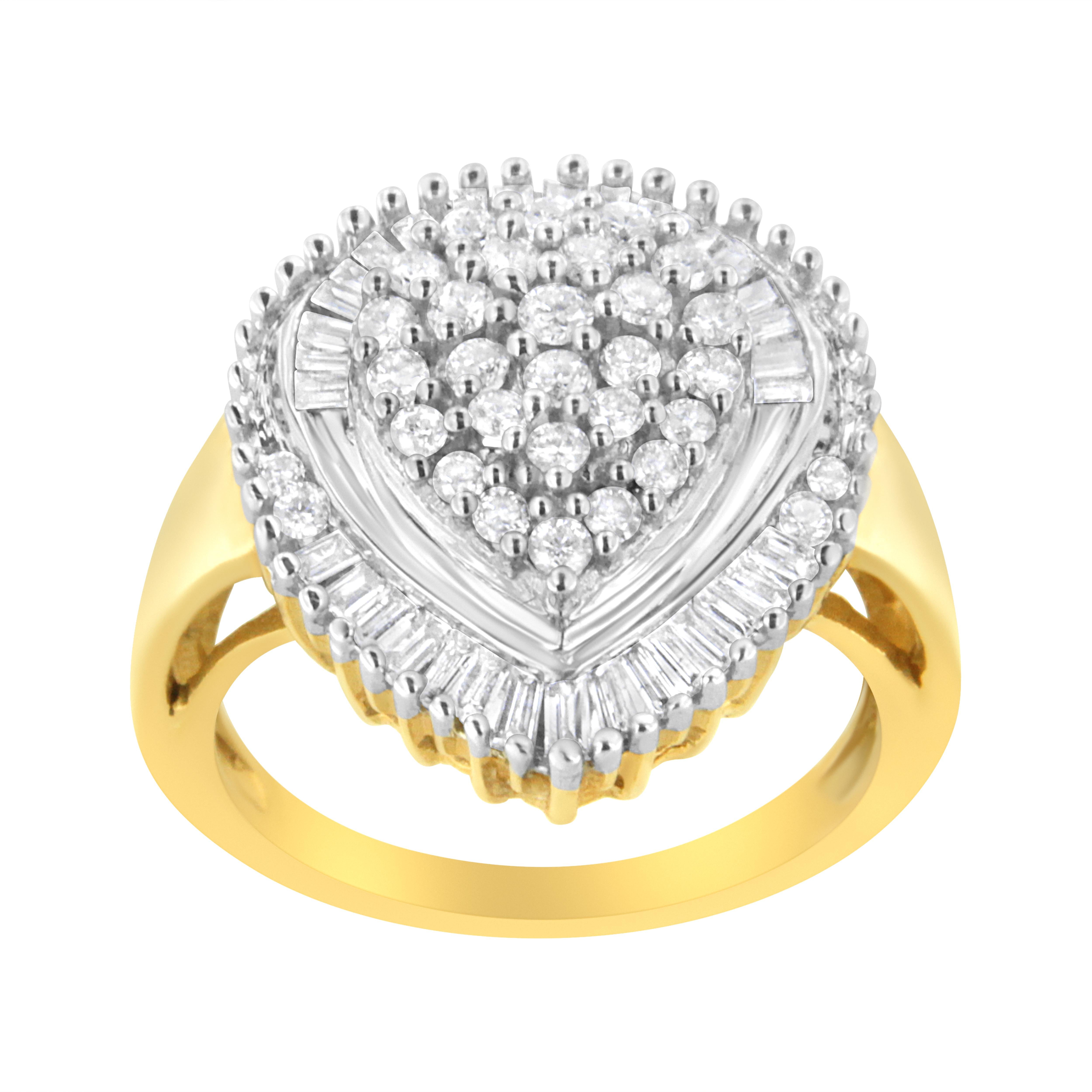 Moderne Bague en or jaune 10 carats avec diamants taille ronde et baguette de 1,0 carat