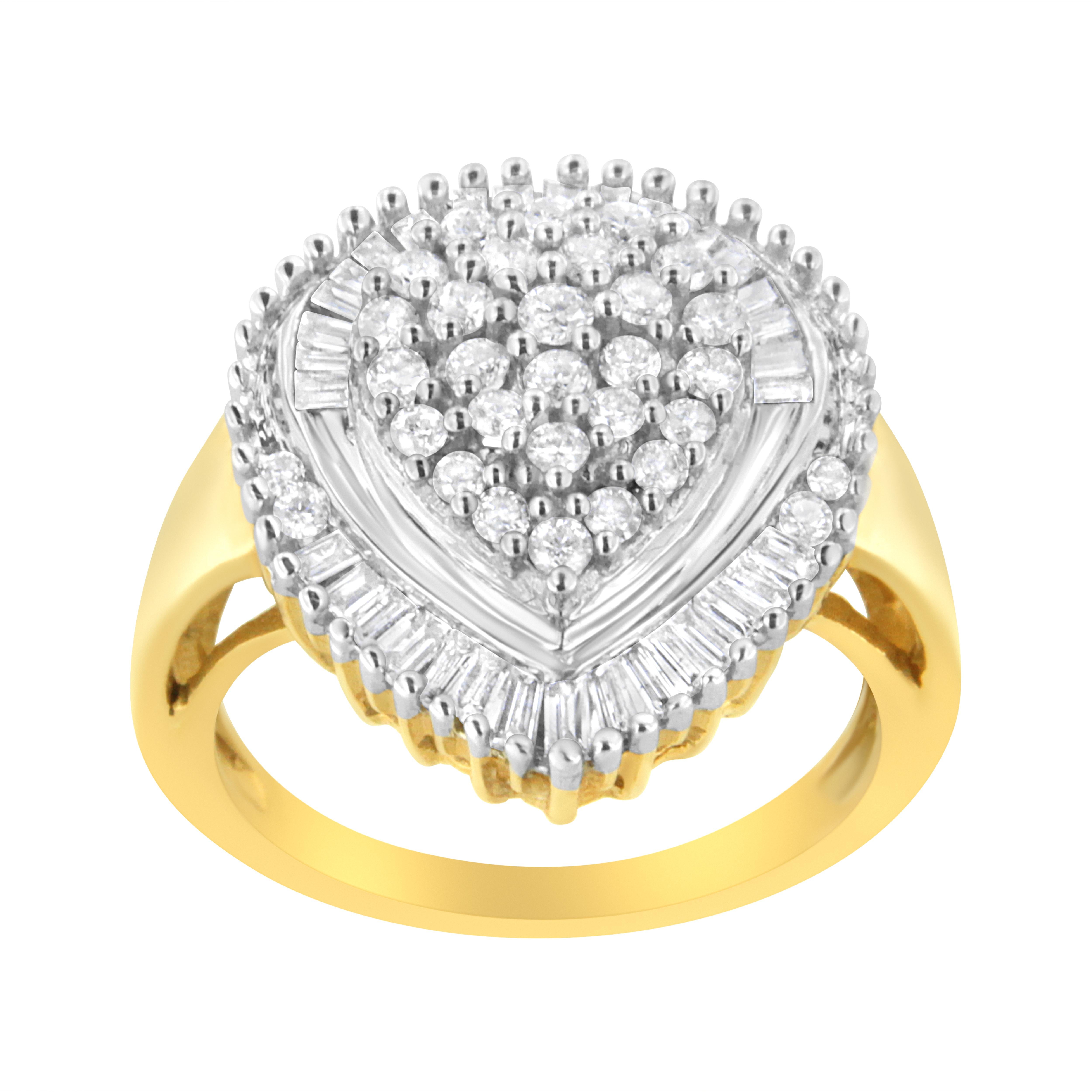 Im Angebot: 10K Gelbgold 1,0 Karat Runder und Baguetteschliff Diamant Ovalförmiger Cluster-Ring () 3