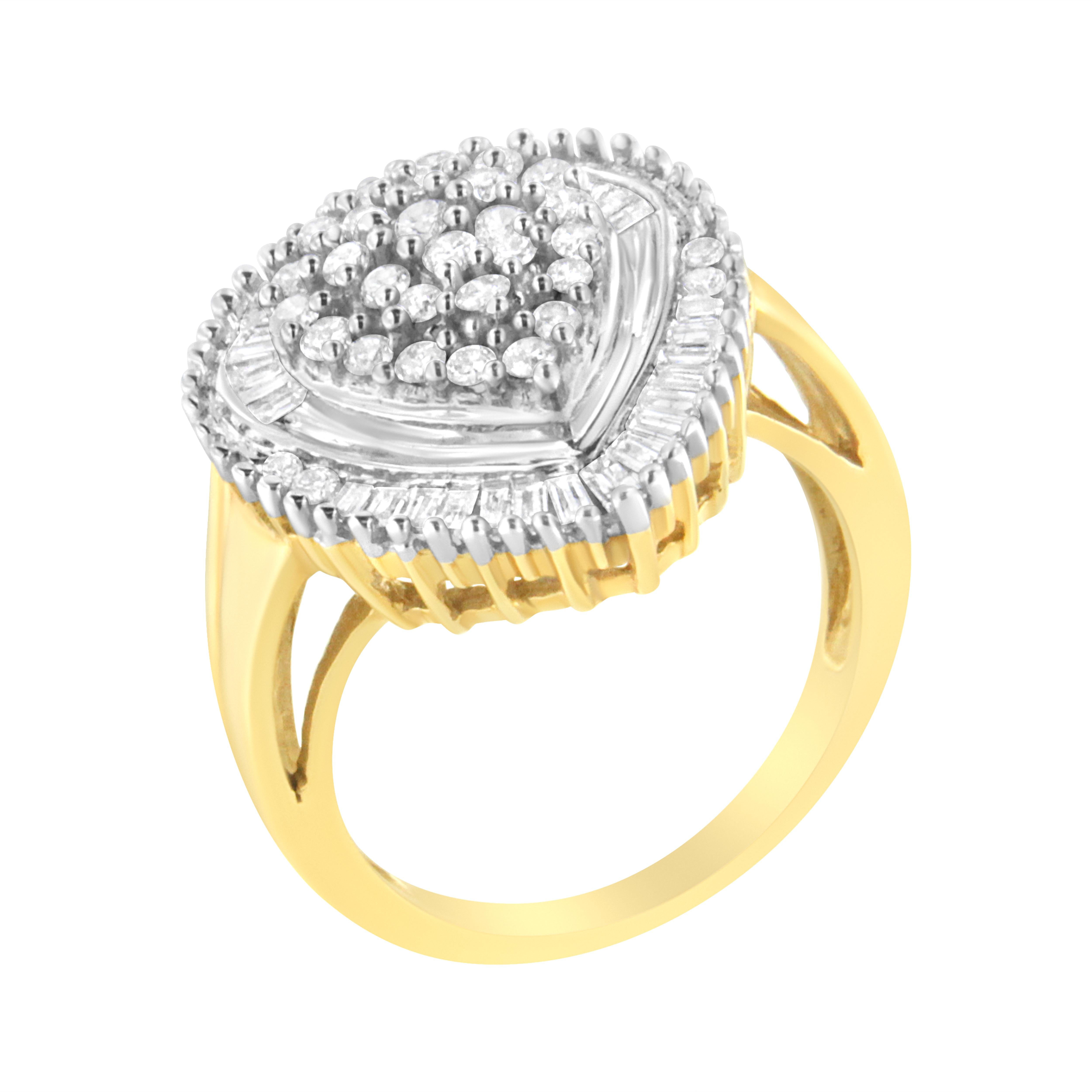 Im Angebot: 10K Gelbgold 1,0 Karat Runder und Baguetteschliff Diamant Ovalförmiger Cluster-Ring () 4