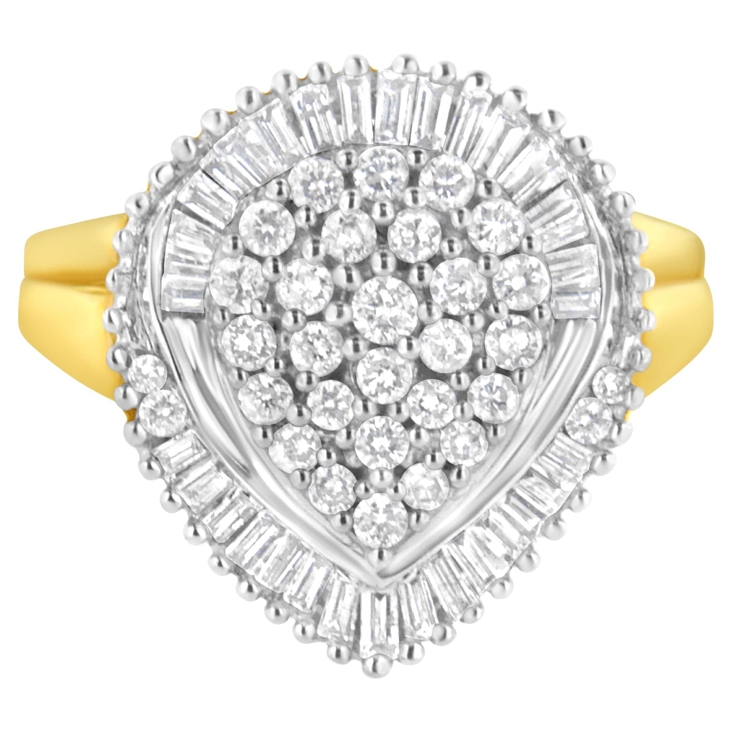 Bague à grappe de forme ovale en or jaune 10 carats avec diamants ronds et baguettes de 1,0 carat poids total