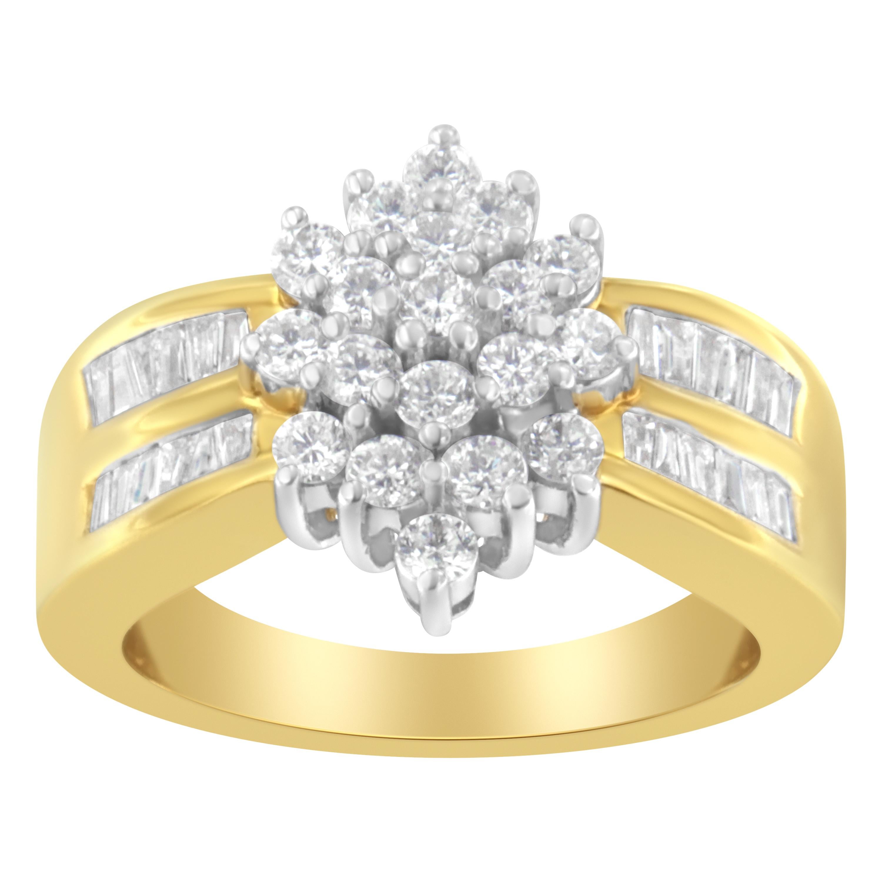 This stunning 10k yellow gold ring is designed with a beautiful flower inlaid with 3/4ct round cut diamonds. Over the band, on each side of the flower, two rows of channel set baguette cut diamonds frame it giving it a unique look. Product