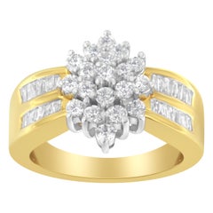 10K Yellow Gold 1.00 Carat Round and Baguette-Cut Diamond Floral Cluster Ring