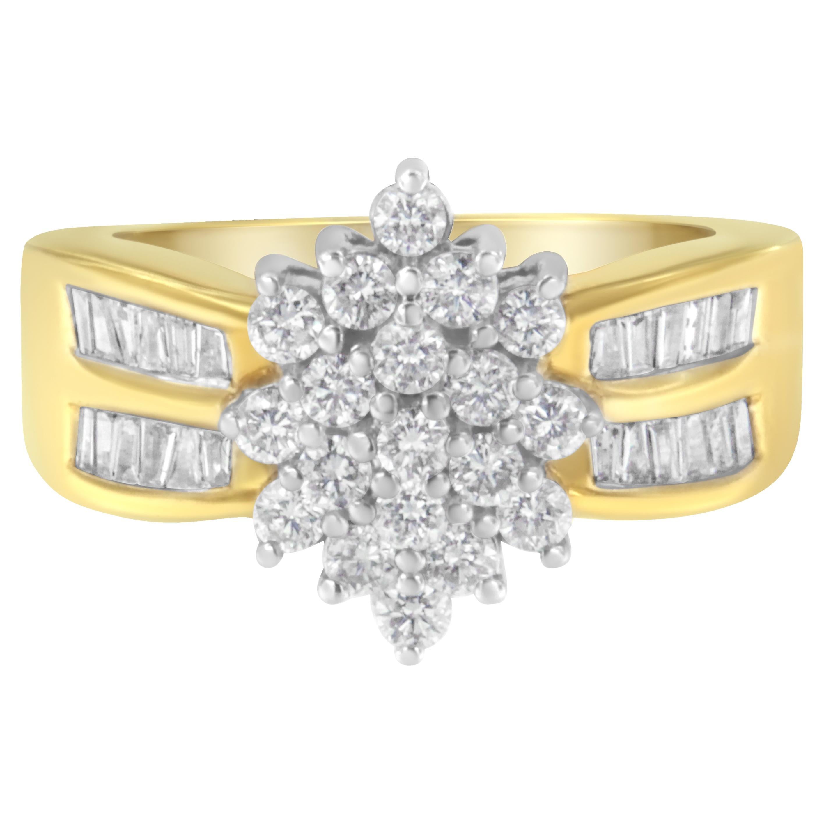 10K Yellow Gold 1.00 Carat Round and Baguette-Cut Diamond Floral Cluster Ring