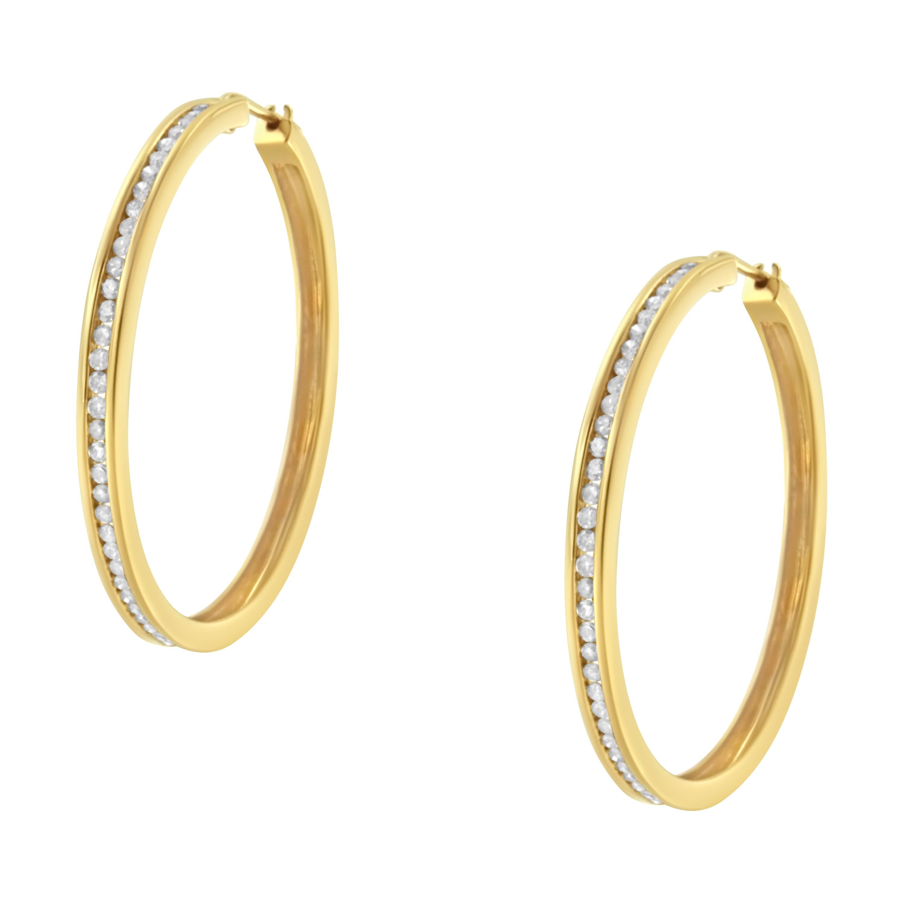 Contemporary 10K Yellow Gold 1.00 Carat Slim Diamond Hoop Earrings For Sale