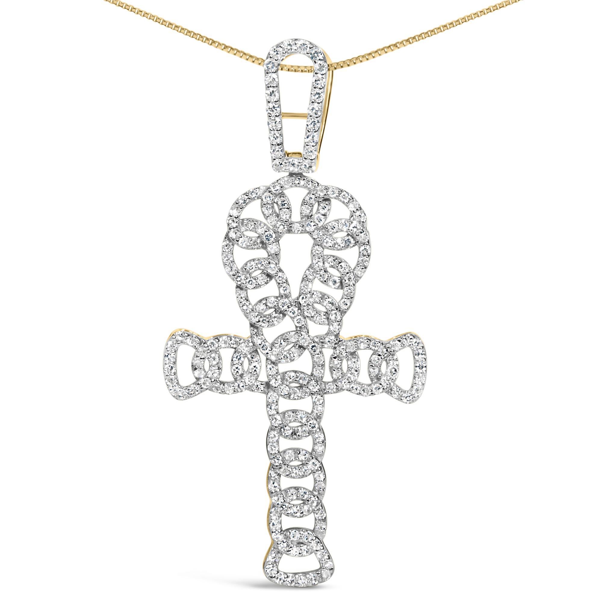 Imbued with ancient symbolism and modern sophistication, this 10K yellow gold ankh cross pendant is a masterpiece that bridges worlds and eras. A total of 1.00 carat of natural diamonds, sparkling with H-I color and SI1-SI2 clarity, grace this