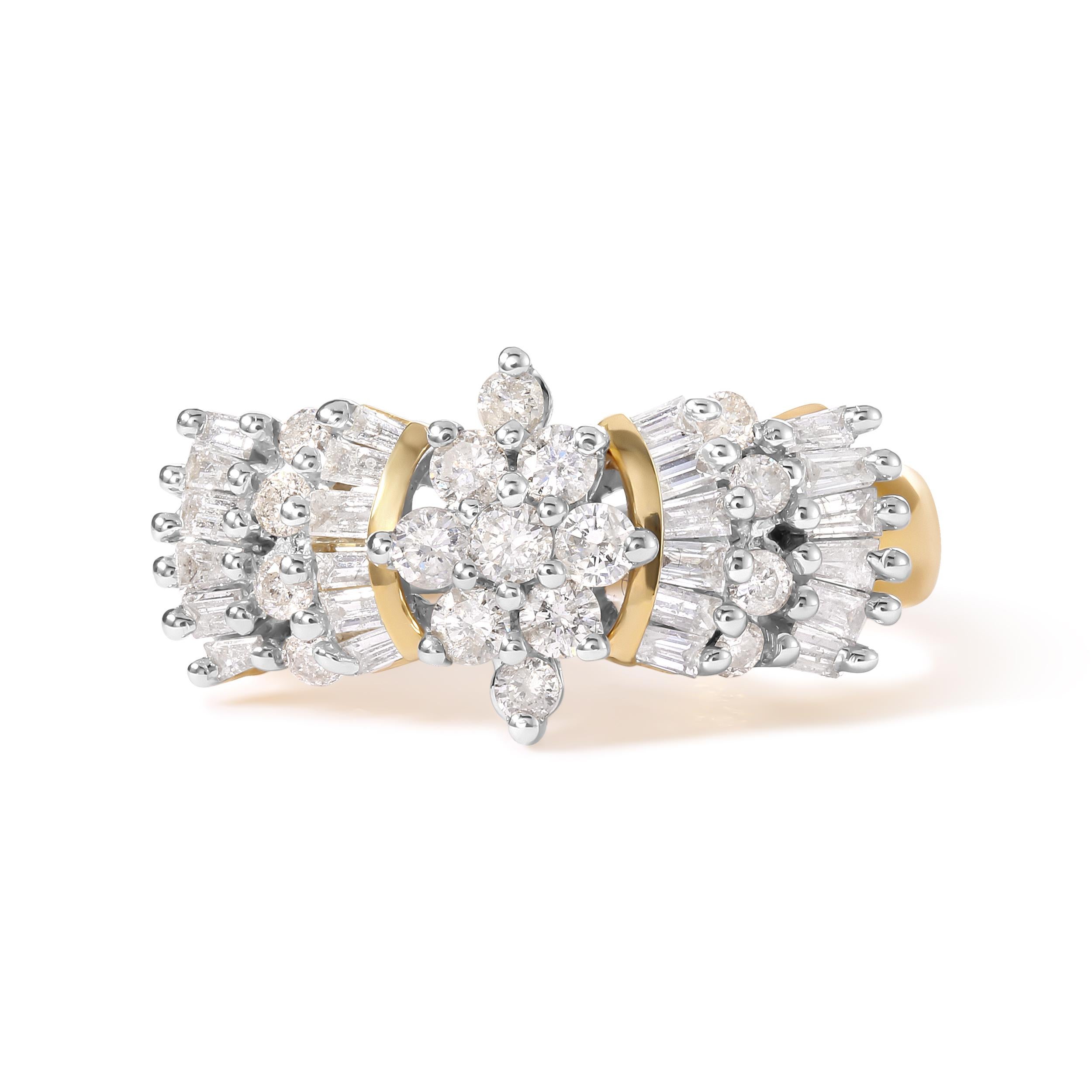 Éblouissez comme les étoiles rayonnantes dans le ciel nocturne avec notre bague de mode en or jaune 10K. Cette pièce exquise témoigne de la beauté enchanteresse des diamants naturels et du savoir-faire artisanal qui leur donne vie. Une constellation