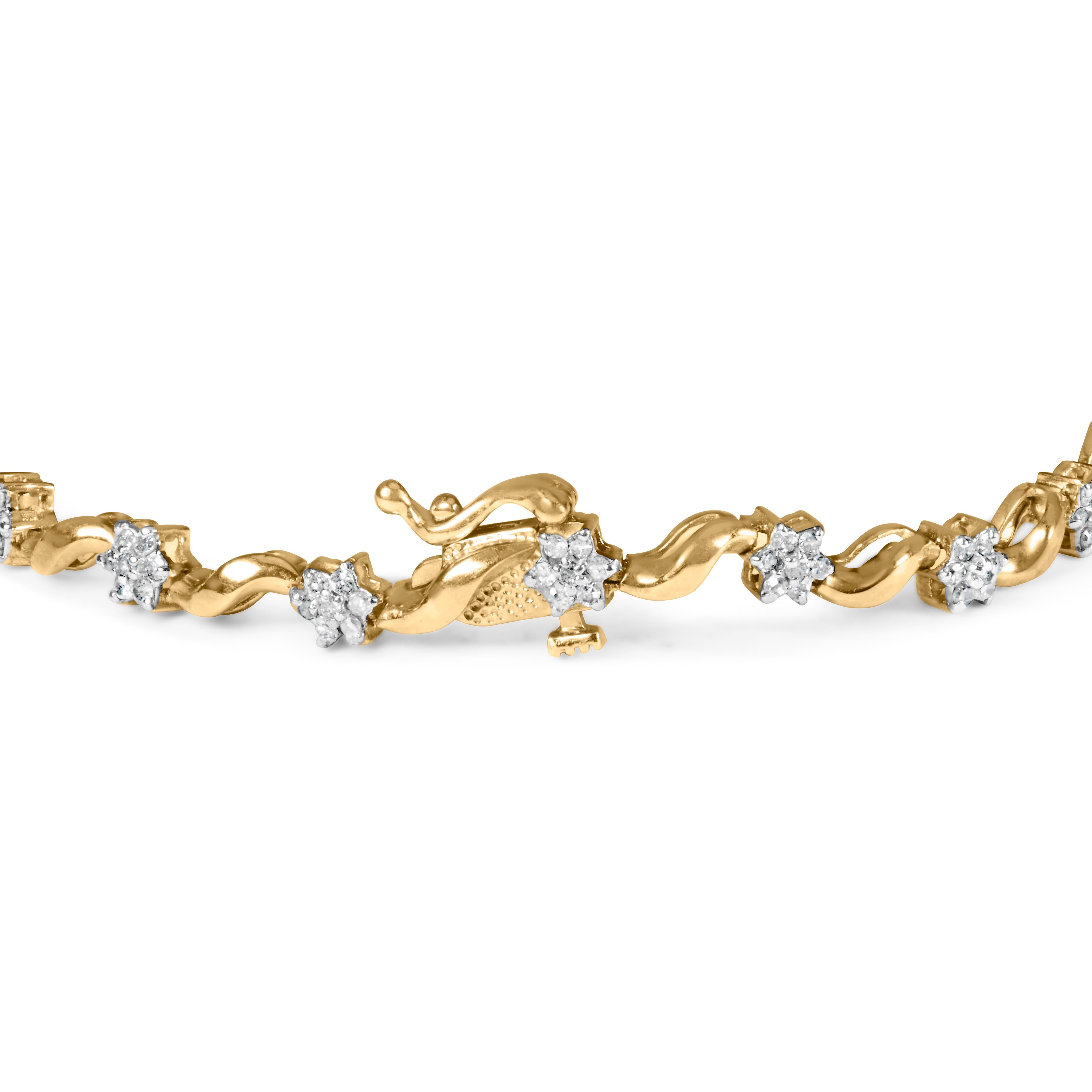 Introducing a captivating masterpiece that effortlessly combines elegance and nature's beauty. Crafted in lustrous 10k yellow gold, this enchanting bracelet features a stunning floral S-link design adorned with a remarkable 126 round-cut diamonds.