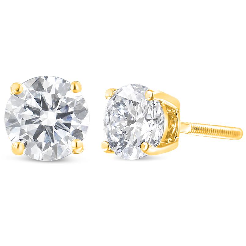 Two gorgeous near-colorless white diamonds sit in a prong setting on these sparkling stud earrings. Crafted in solid 10k gold, these diamond stud earrings feature a high polish finish. These stunning gold earrings feature round brilliant-cut