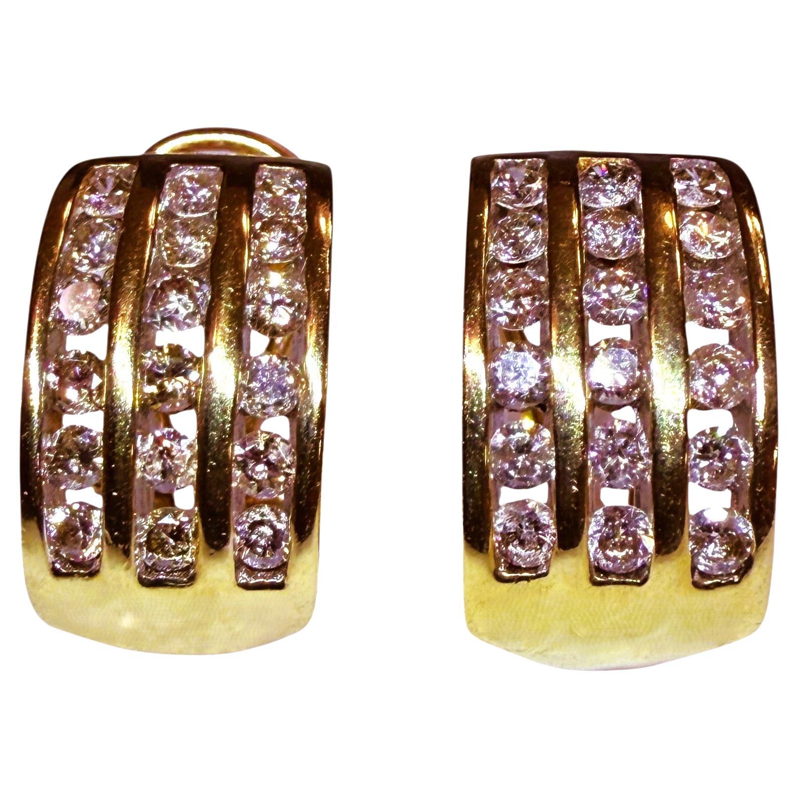 Boucles d'oreilles en or jaune 10k 1.08 carat ZEI 3 Row Half Hoop Diamond Omega Clip Earrings