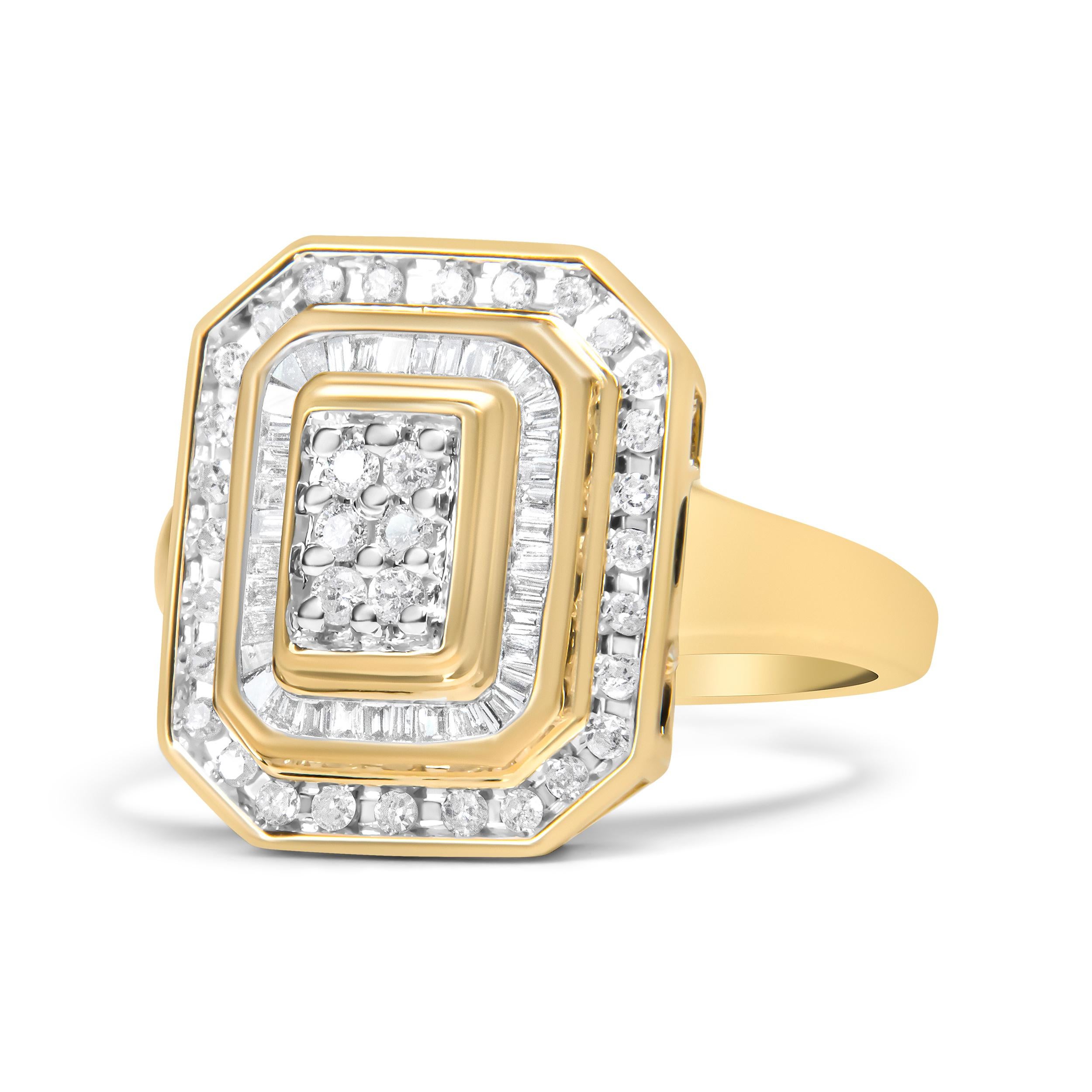 Bold and brilliant, this diamond ring is certain to grace your gorgeous look. Fashioned in the emerald shape, the ring is adorned with sparkling round, and baguette cut diamonds that are set in 10 karats yellow gold. The classic design of the ring