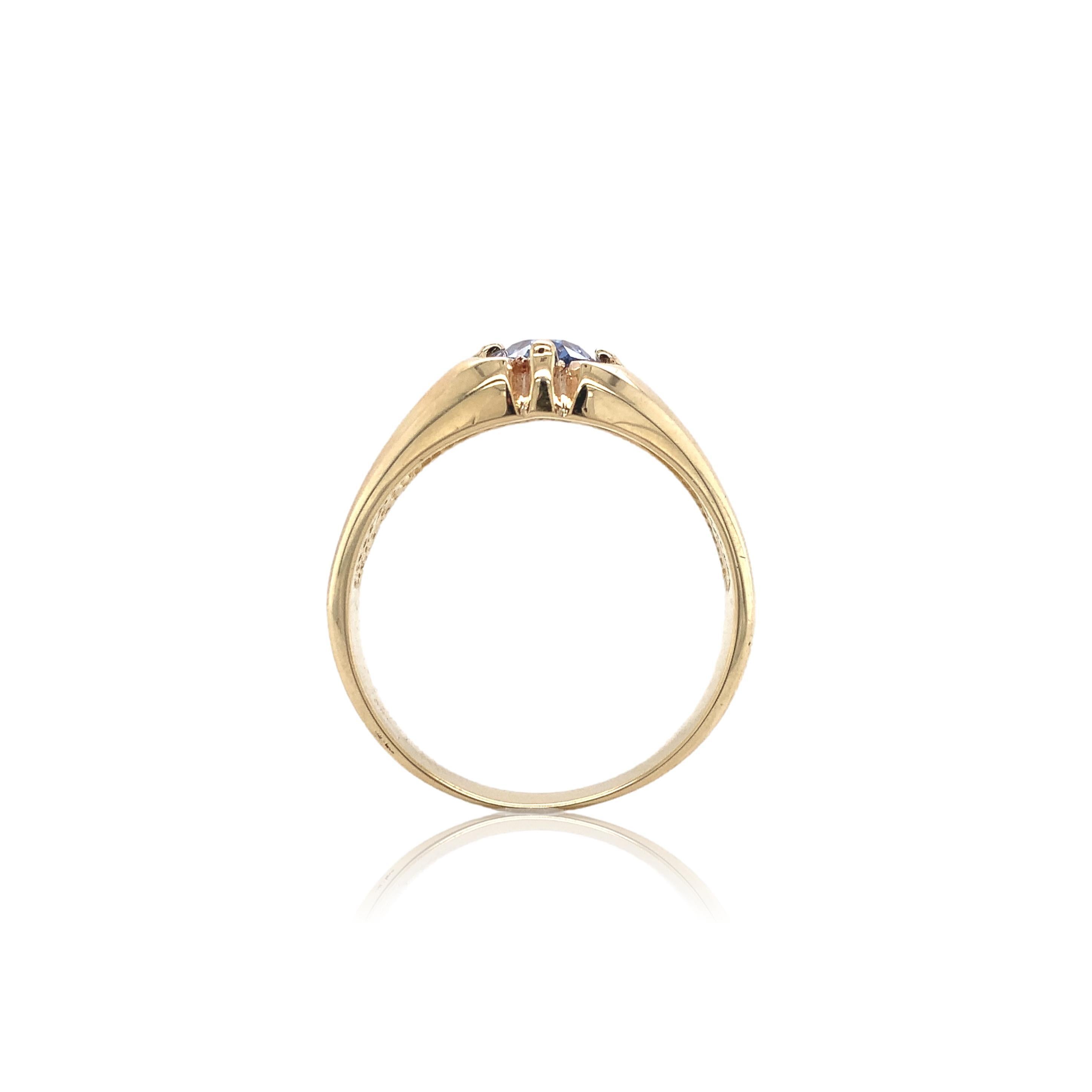 10K yellow gold men's ring featuring an oval genuine blue sapphire weighing 1.19 carats. The sapphire has beautiful violetish-blue color and a CSL card stating unheated. It measures 7.1mm x 5.4mm x 3.8mm mm. The ring has all new prongs and is